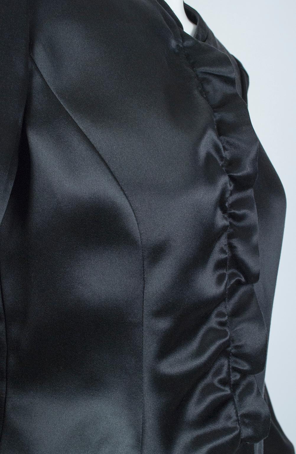 Women's Giorgio Armani Black Lacquered Satin Ruffle Placket Evening Jacket - It 42, 2003 For Sale
