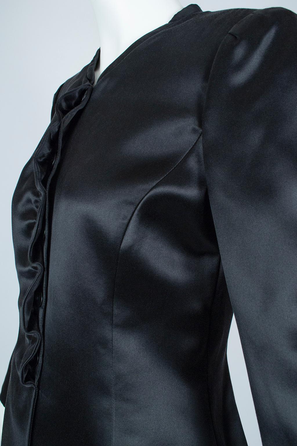Giorgio Armani Black Lacquered Satin Ruffle Placket Evening Jacket - It 42, 2003 For Sale 1