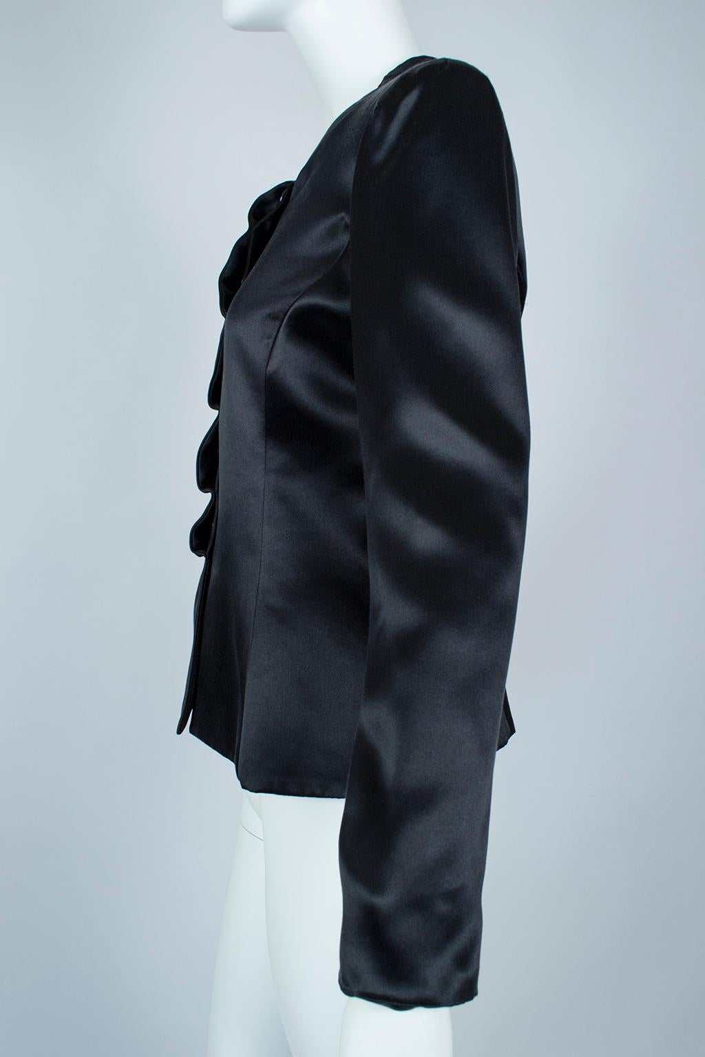 Giorgio Armani Black Lacquered Satin Ruffle Placket Evening Jacket - It 42, 2003 For Sale 3
