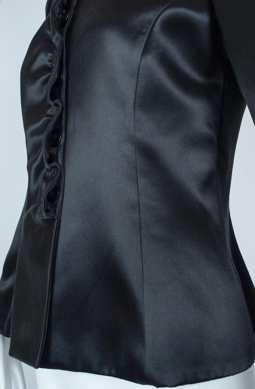 Giorgio Armani Black Lacquered Satin Ruffle Placket Evening Jacket - It 42, 2003 For Sale 4
