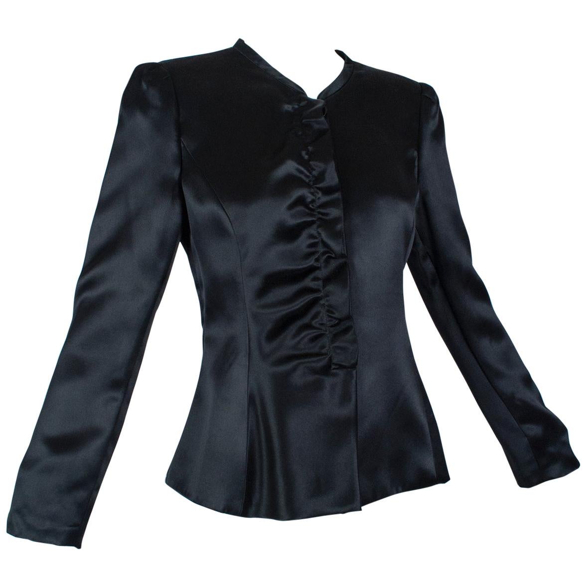 Giorgio Armani Black Lacquered Satin Ruffle Placket Evening Jacket - It 42, 2003 For Sale