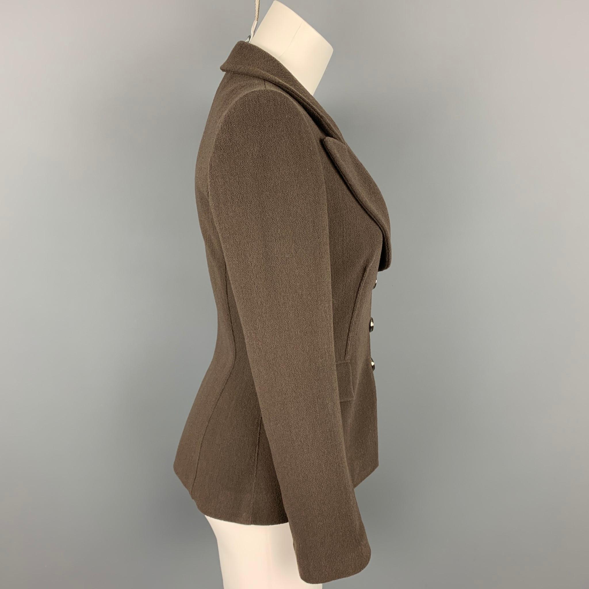 Black GIORGIO ARMANI Size 0 Brown Crepe Wool Blend Peak Lapel Jacket Blazer