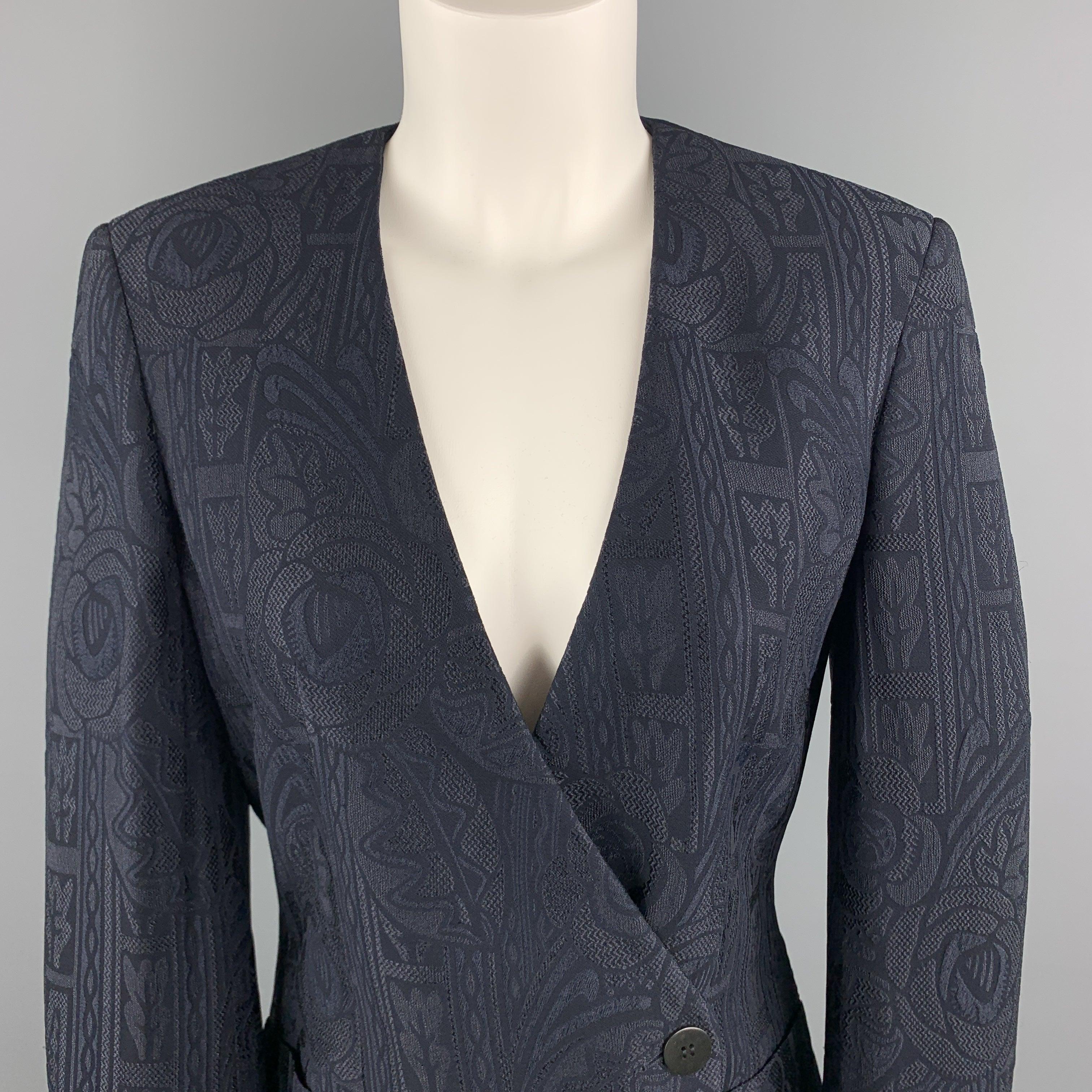 GIORGIO ARMANI blazer comes in navy jacquard with a deep V neck, double breasted button front, and mock pockets. Made in Italy.Excellent
Pre-Owned Condition. 

Marked:   IT 36 

Measurements: 
 
Shoulder: 15.5 inches Bust:
34 inches Sleeve:
23.5