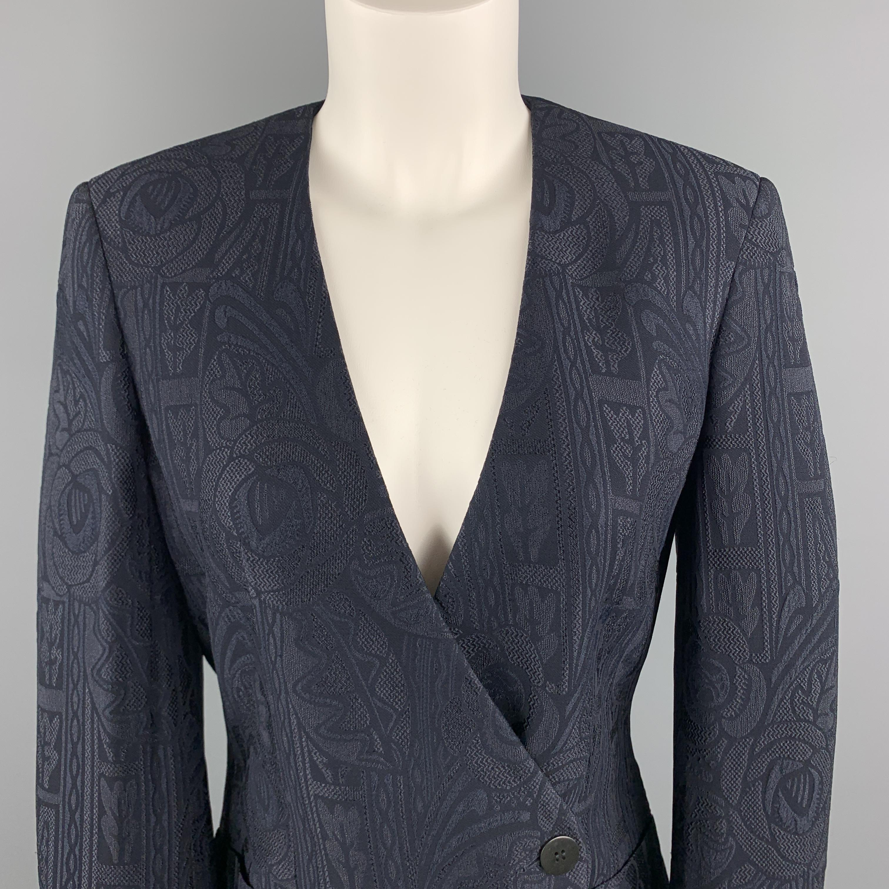 GIORGIO ARMANI blazer comes in navy jacquard with a deep V neck, double breasted button front, and mock pockets. Made in Italy.

Excellent Pre-Owned Condition.
Marked: IT 36

Measurements:

Shoulder: 15.5 in.
Bust: 34 in.
Sleeve: 23.5 in.
Length: 28