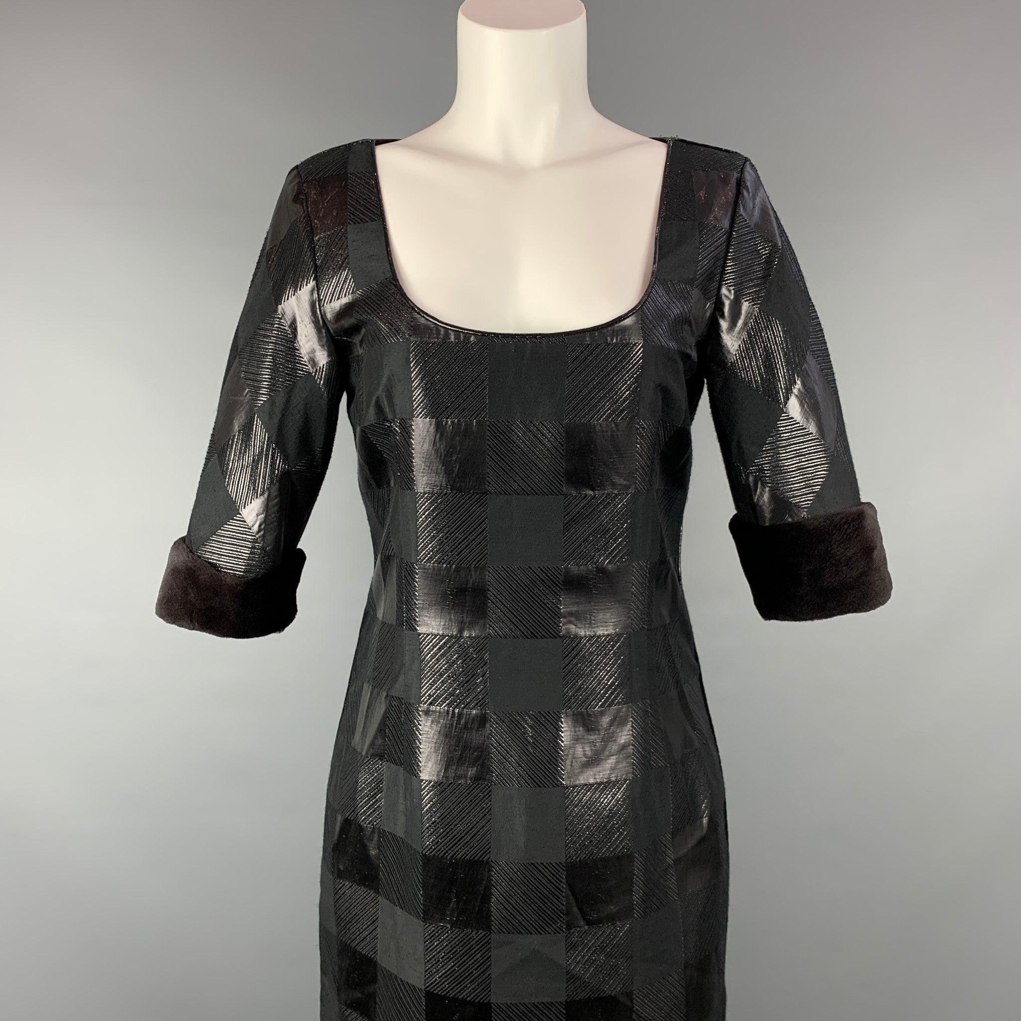 GIORGIO ARMANI cocktail dress comes in a black viscose blend with a purple liner featuring a shift style, fur trim, and a back zip up closure. Made in Italy. Very Good Pre-Owned Condition. 

Marked:  46 

Measurements: 
 
Shoulder: 16 inches Bust: