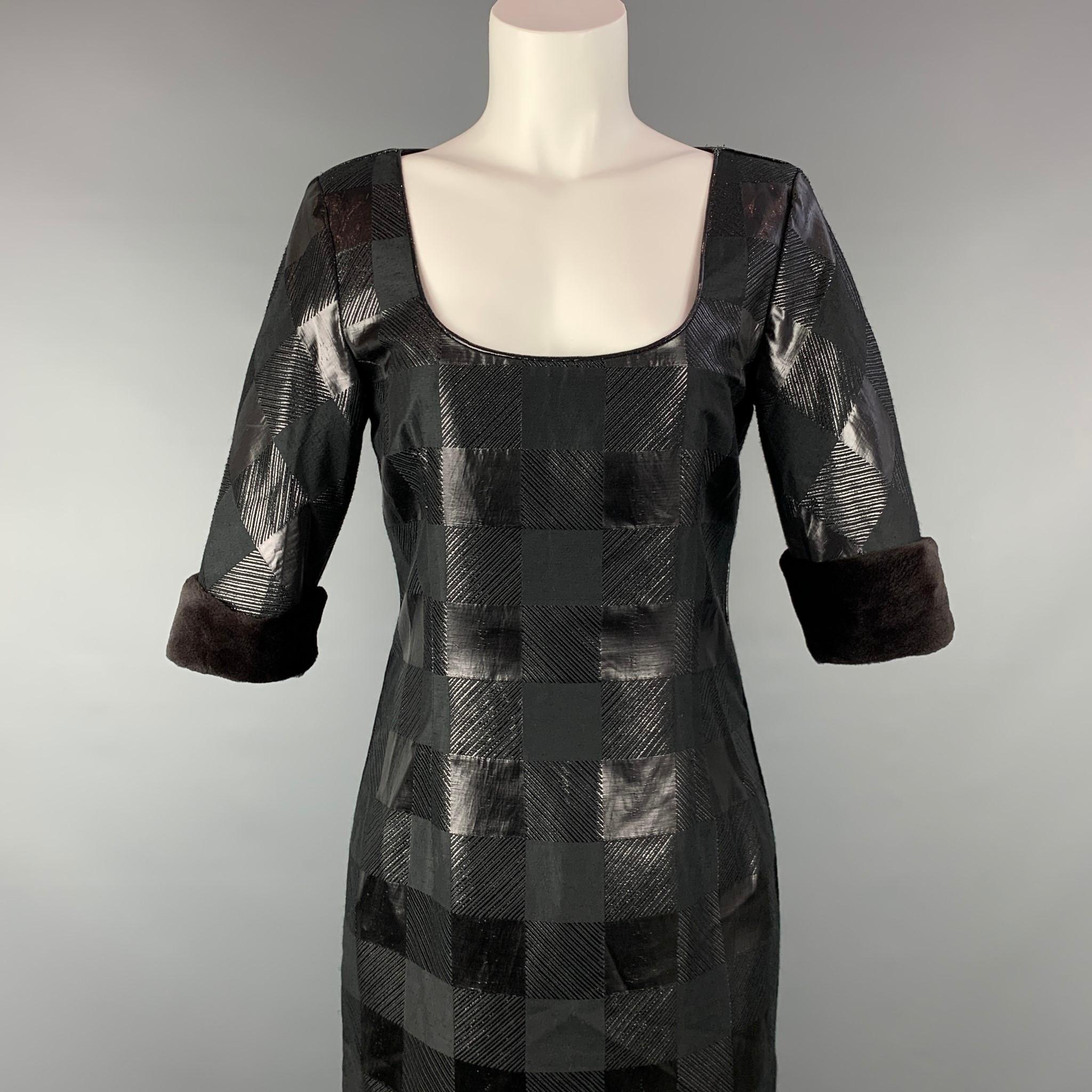 GIORGIO ARMANI cocktail dress comes in a black viscose blend with a purple liner featuring a shift style, fur trim, and a back zip up closure. Made in Italy.

Very Good Pre-Owned Condition.
Marked: 46

Measurements:

Shoulder: 16 in.
Bust: 35