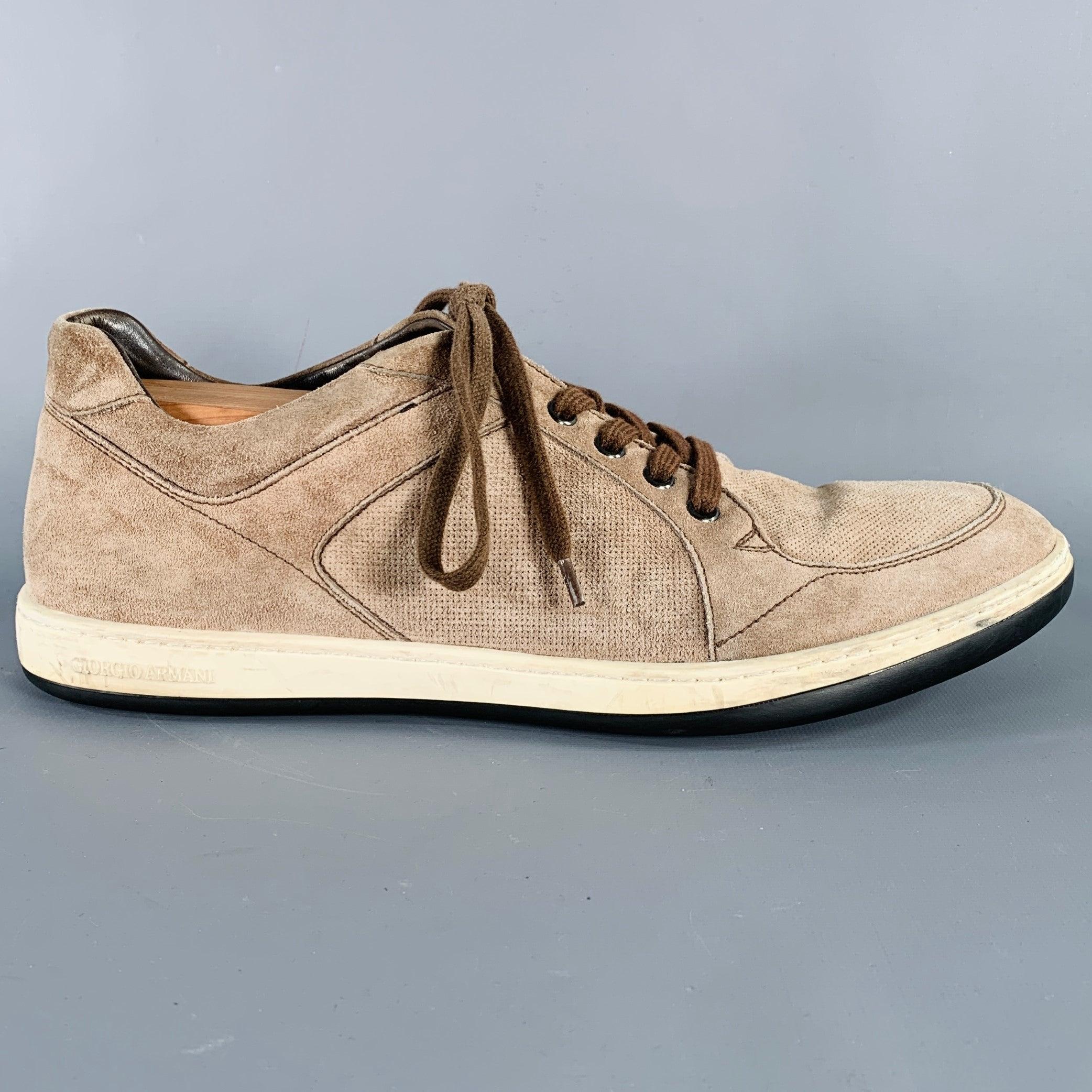 GIORGIO ARMANI sneakers
in a taupe brown suede featuring a low top style, perforated design, and lace-up closure. Shoe trees not included. Made in Italy.Excellent Pre-Owned Condition. 

Marked:   X2X036 9Outsole:11.75 inches  x 4.25 inches 
  
  
