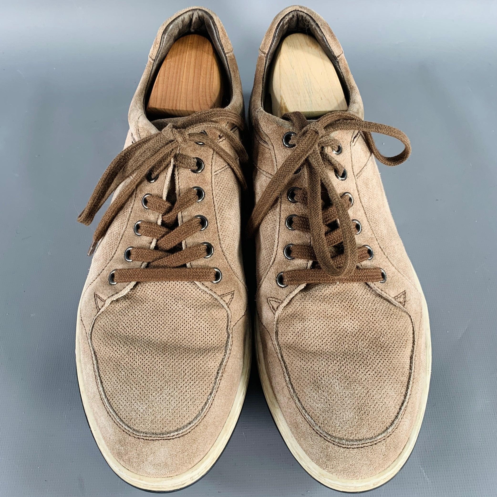 GIORGIO ARMANI Size 10 Brown Taupe Suede Low Top Sneakers In Excellent Condition For Sale In San Francisco, CA