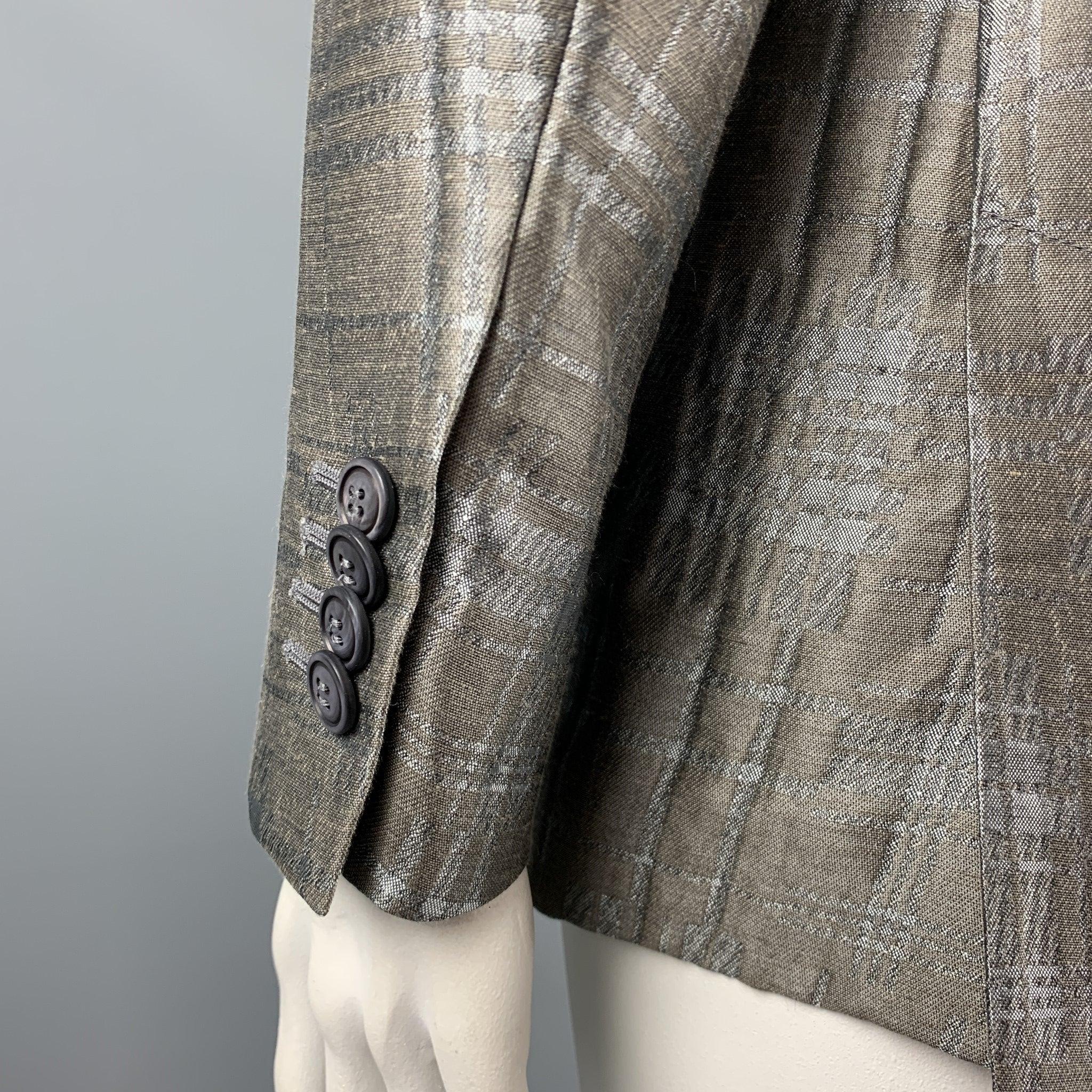 GIORGIO ARMANI - Blazer gris à carreaux en jacquard et lin mélangé à revers clouté taille 10 Pour femmes en vente