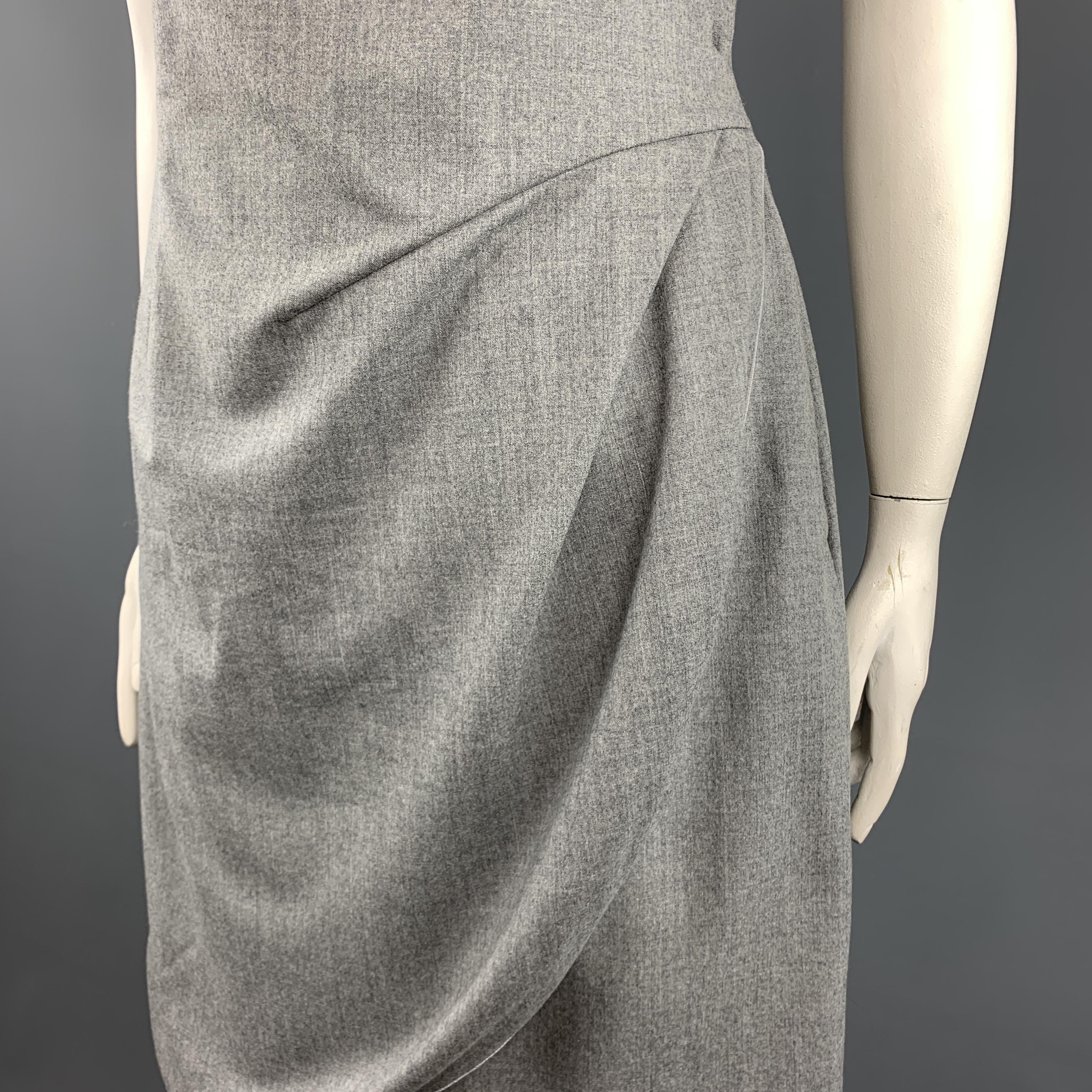 GIORGIO ARMANI sleeveless shift dress comes in light heather gray stretch wool with a round neckline and asymmetrical mock wrap, draped overlay. Made in Italy.

Excellent Pre-Owned Condition.
Marked: IT 46

Measurements:

l	Shoulder: 13 in.
l	Bust:
