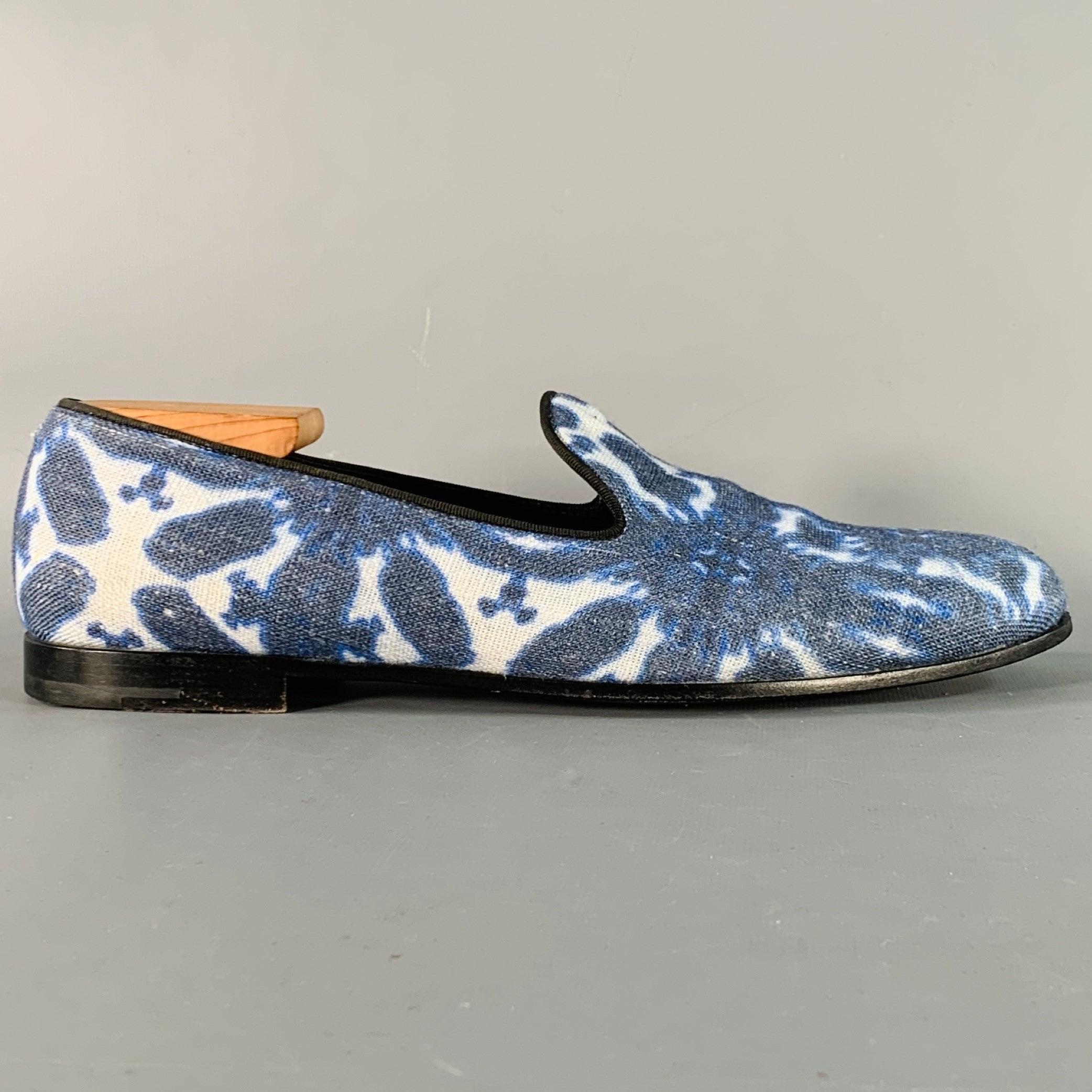 GIORGIO ARMANI loafers
in a blue and white canvas featuring a tie dye design, grosgrain trim, and slip on closure. Shoe trees not included. Made in Italy.Very Good Pre-Owned Condition. 

Marked:   UK 9.5Outsole: 11.75 inches  x 3.75 inches 
  
  
