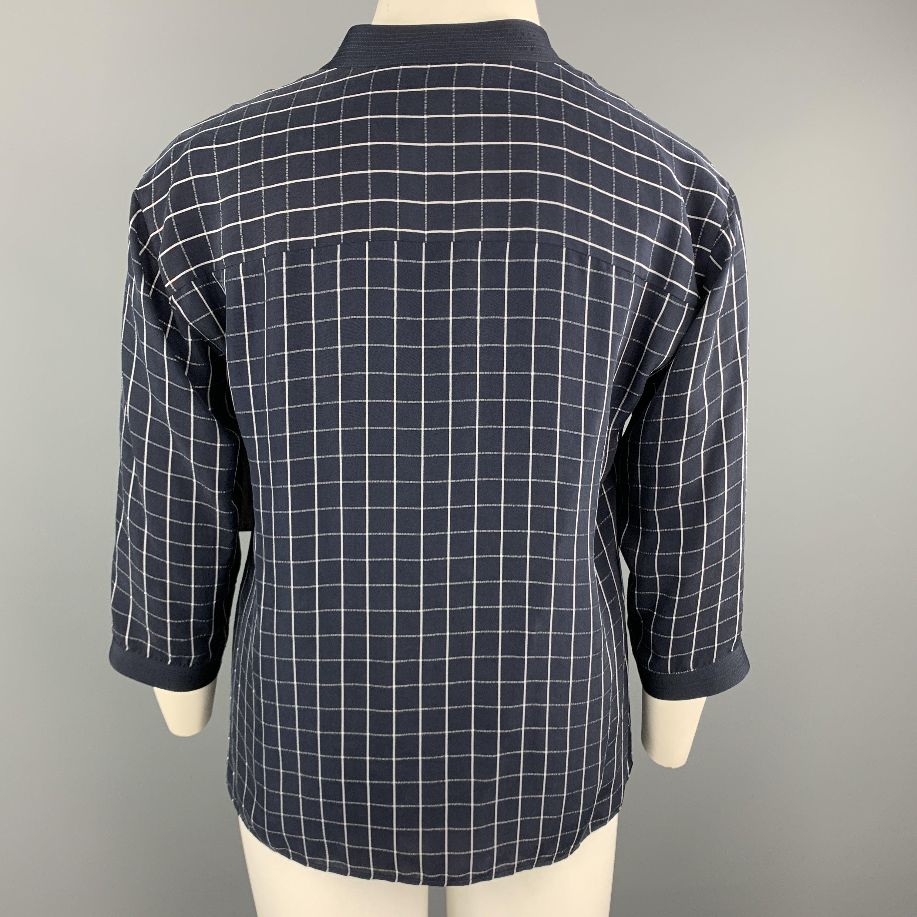 Women's GIORGIO ARMANI Size 12 Navy Windowpane Cropped Sleeve Blouse For Sale