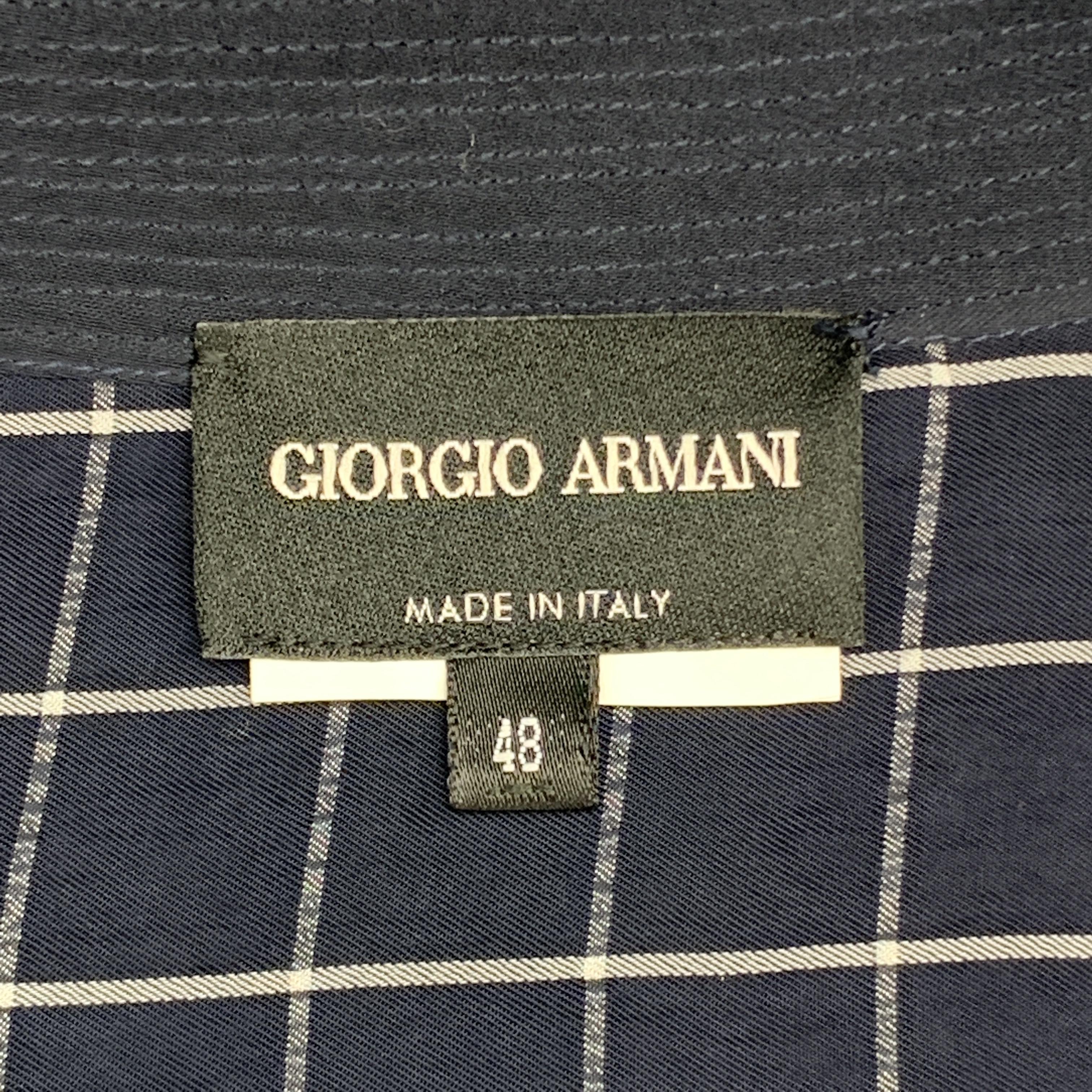 GIORGIO ARMANI Size 12 Navy Windowpane Cropped Sleeve Blouse In Excellent Condition In San Francisco, CA