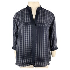 GIORGIO ARMANI Size 12 Navy Windowpane Cropped Sleeve Blouse