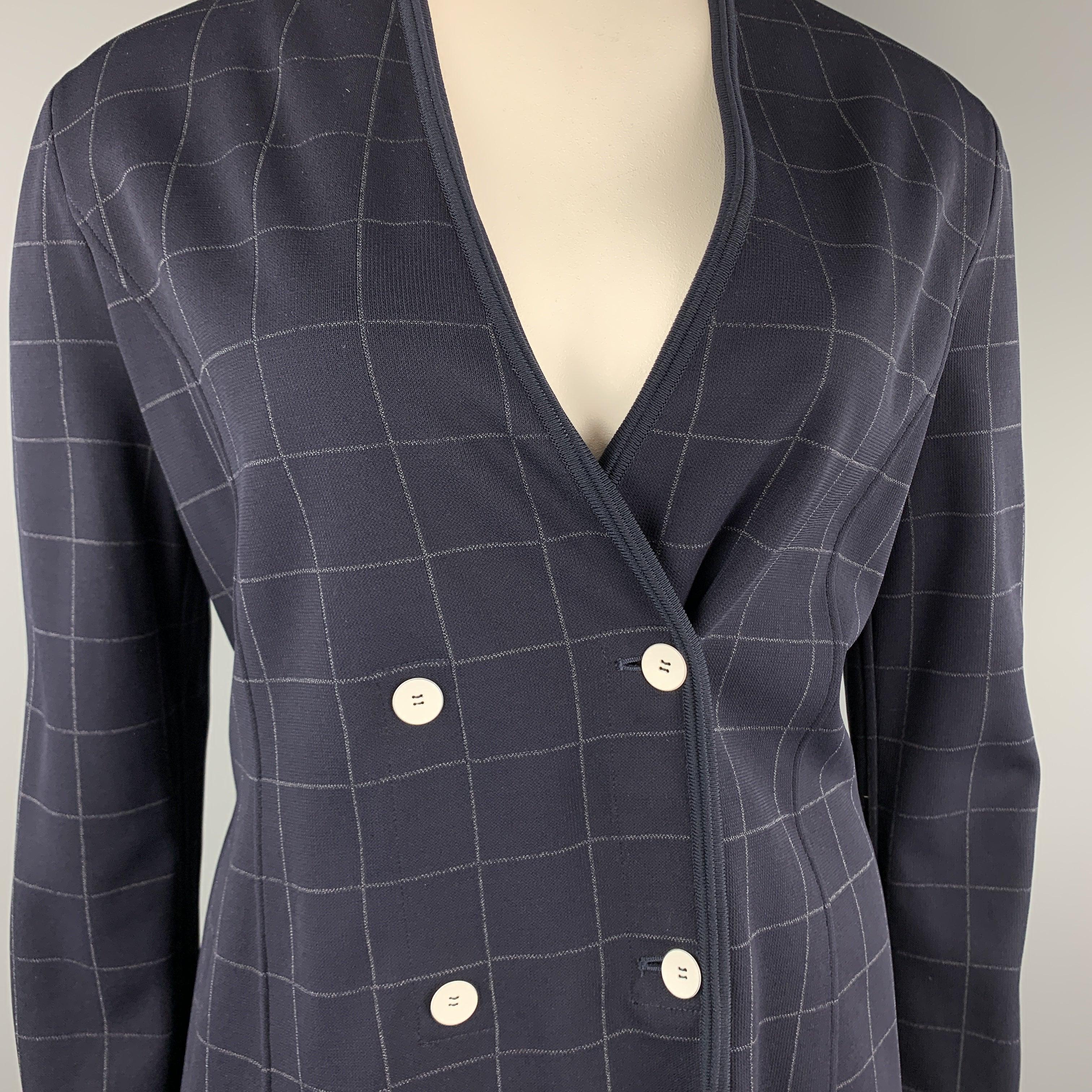 GIORGIO ARMANI cardigan jacket come sin navy and gray windowpane print viscose blend knit with a deep v neck and double breasted button closure. Made in Italy.Excellent
Pre-Owned Condition. 

Marked:   IT 48 

Measurements: 
 
Shoulder: 18.5 inches