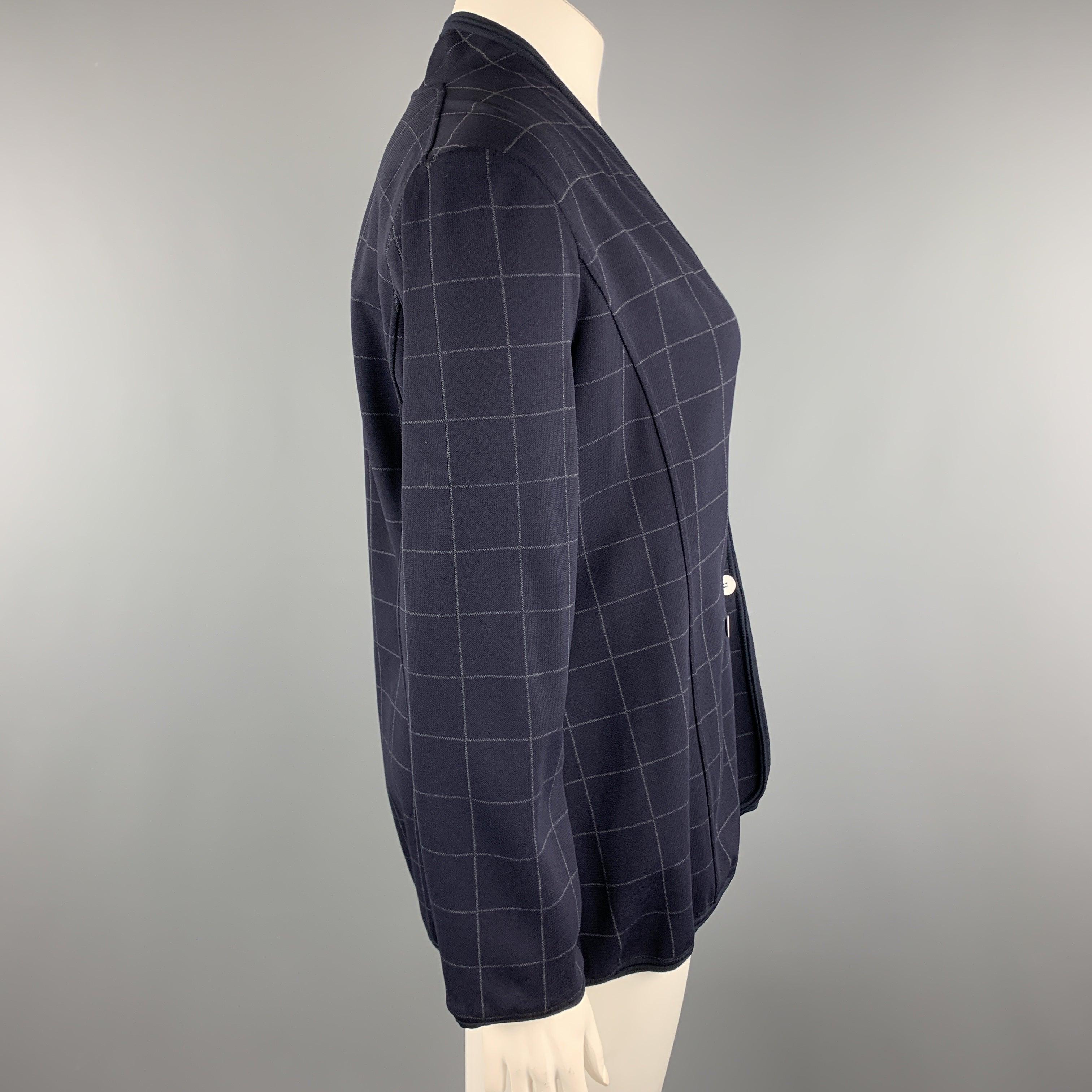 GIORGIO ARMANI Size 12 Navy Windowpane Double Breasted Cardigan Jacket In Good Condition For Sale In San Francisco, CA