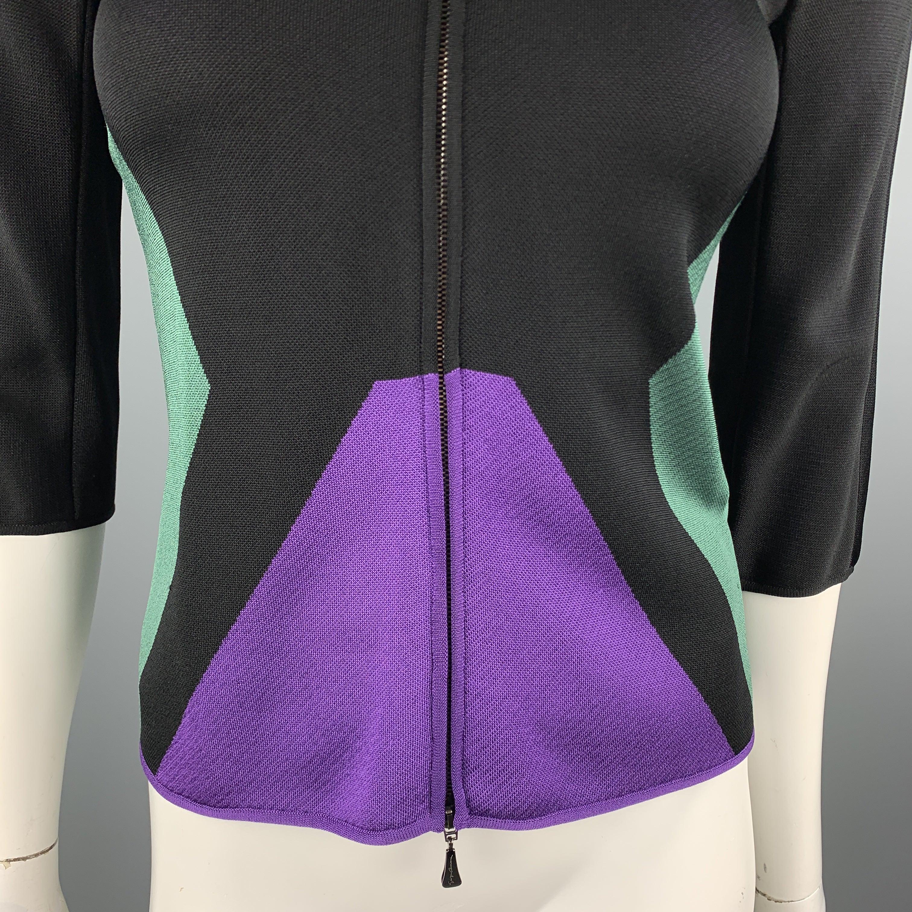 GIORGIO ARMANI Size 2 Black Green & Purple Color Block Shoulder Pad Jacket In Good Condition For Sale In San Francisco, CA