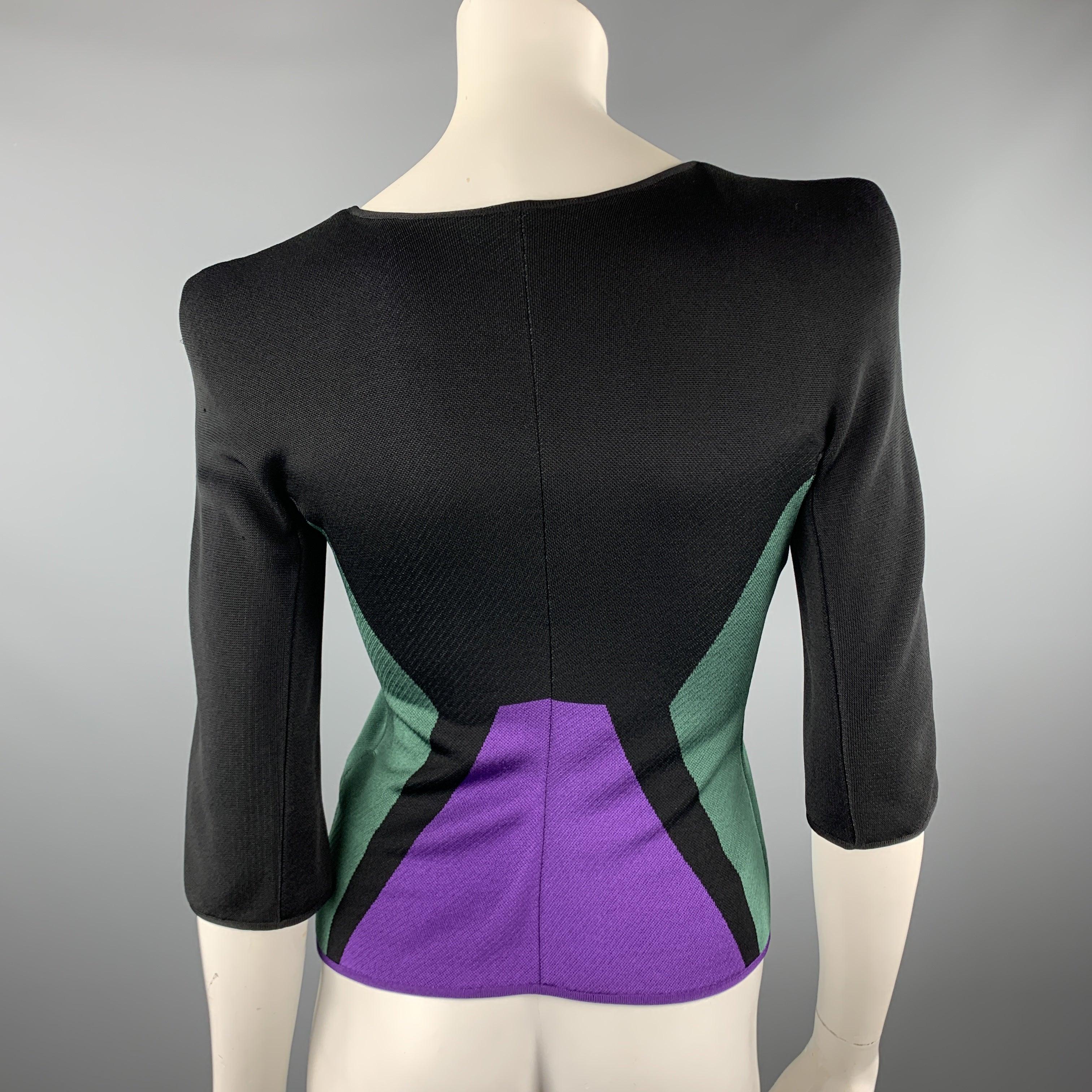 GIORGIO ARMANI Size 2 Black Green & Purple Color Block Shoulder Pad Jacket For Sale 1