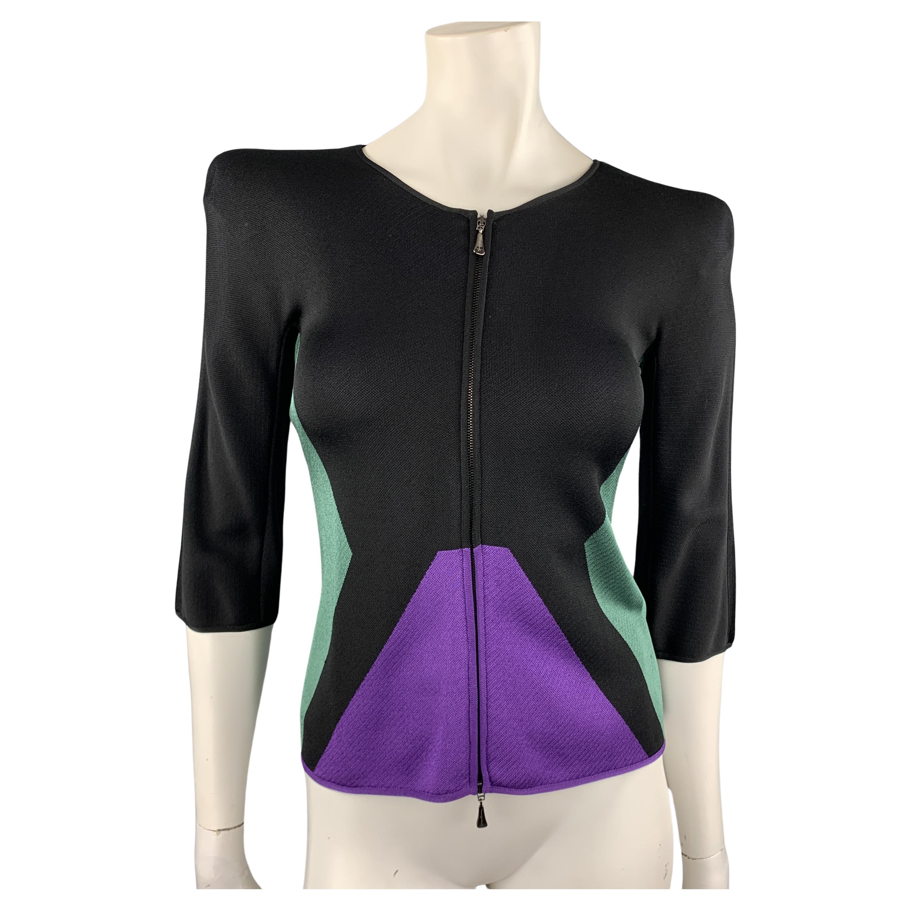 GIORGIO ARMANI Size 2 Black Green & Purple Color Block Shoulder Pad Jacket For Sale