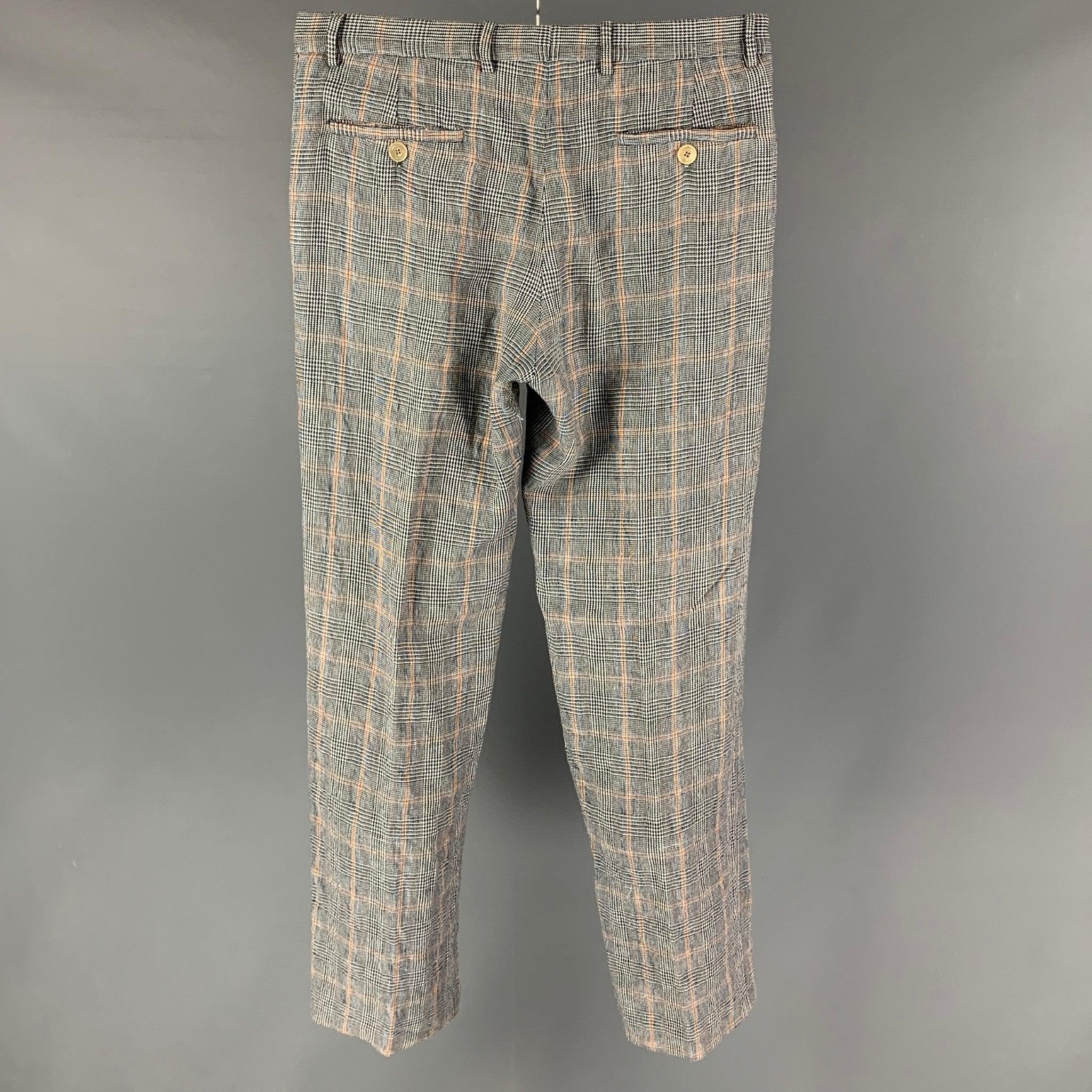GIORGIO ARMANI dress pants comes in a grey & white plaid linen blend featuring a flat front and a zip fly closure. Made in Italy.
 Very Good
 Pre-Owned Condition. 
 

 Marked:  50 
 

 Measurements: 
  Waist: 34 inches Rise: 10 inches Inseam: 33