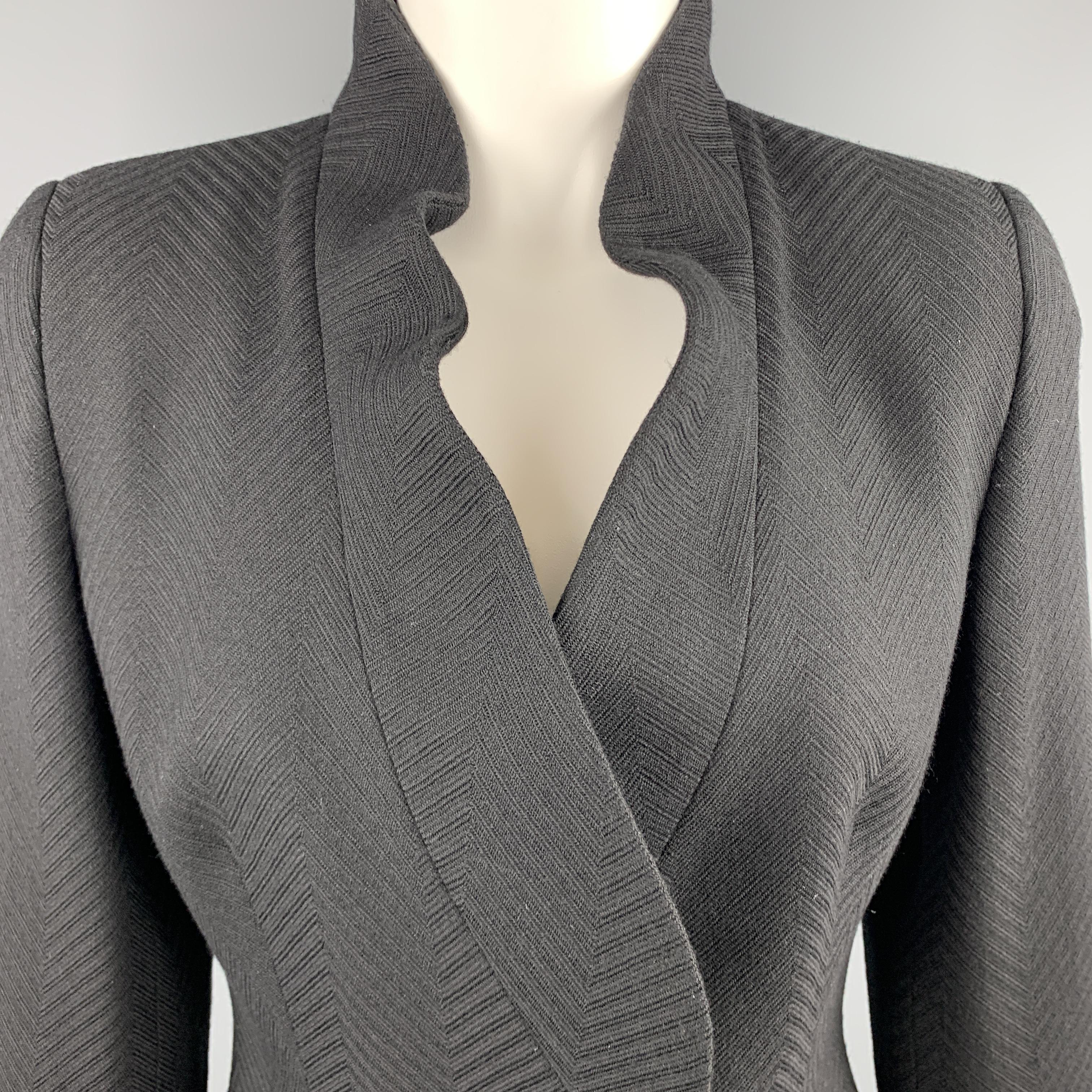 GIORGIO ARMANI blazer comes in chevron textured wool with an asymmetrical hidden snap closure and ruffled shawl collar. Minor wear around collar. As-is. Made in Italy.

Excellent Pre-Owned Condition.
Marked: IT 40

Measurements:

Shoulder: 15