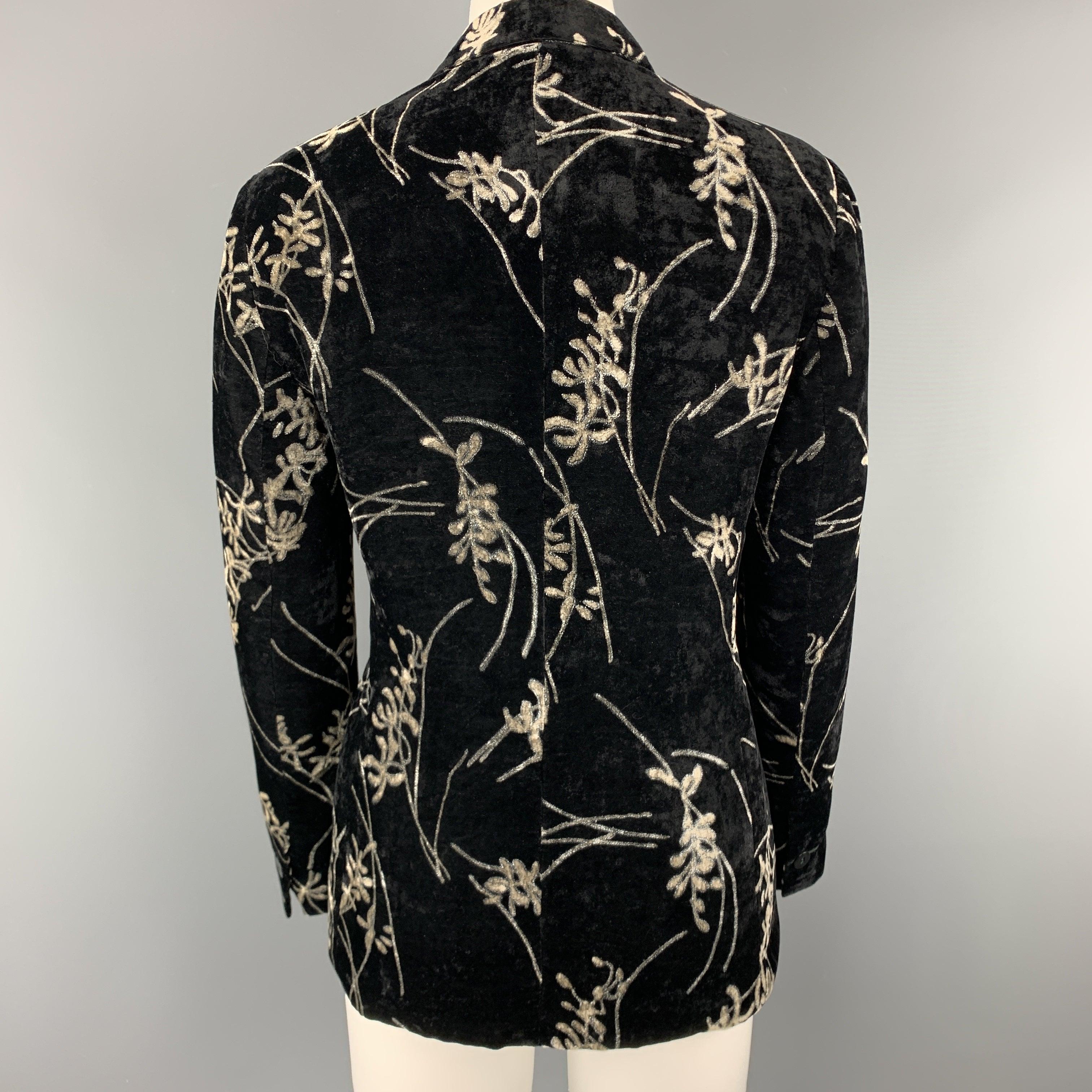 GIORGIO ARMANI Size 4 Black & Grey Floral Velvet Blazer 1