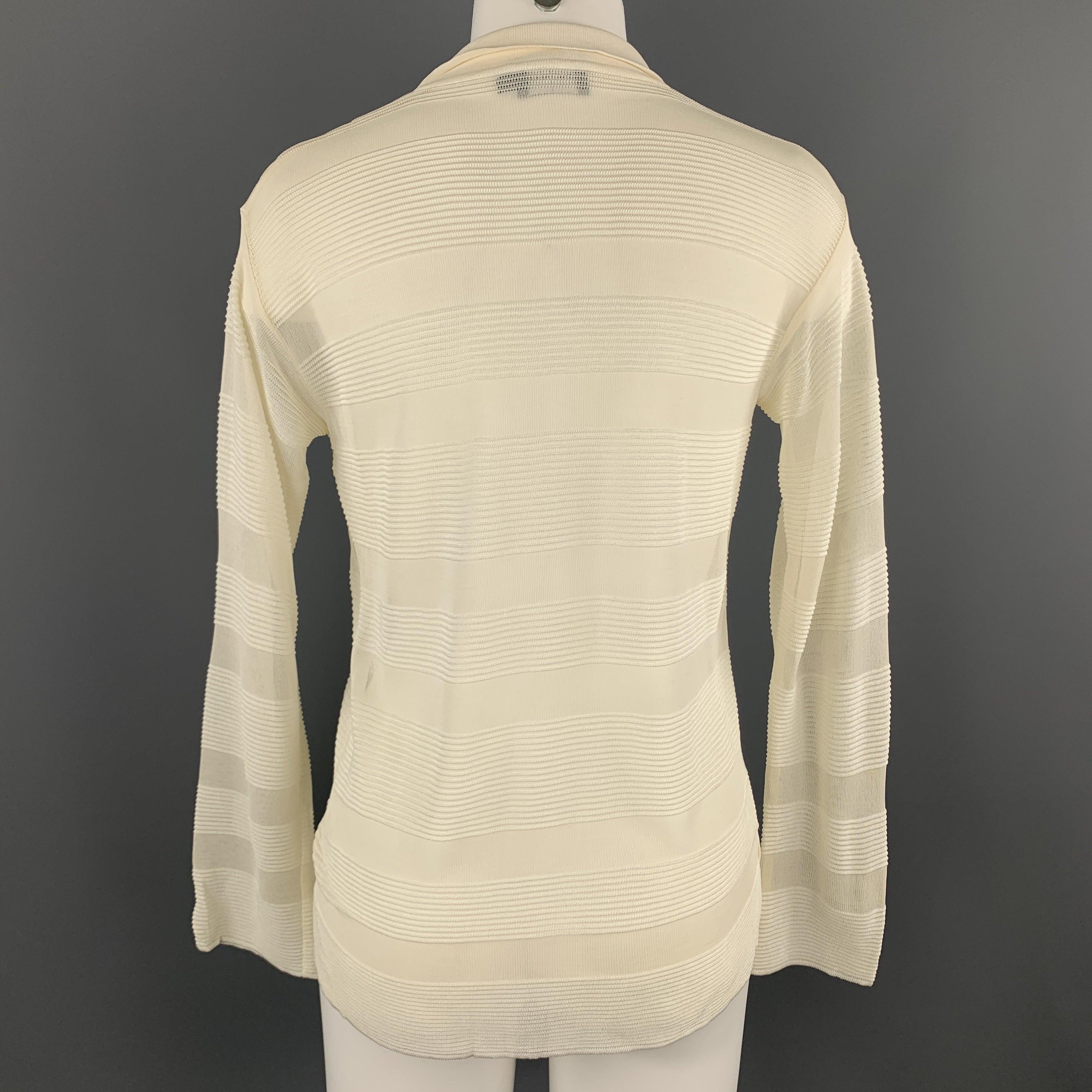 Women's GIORGIO ARMANI Size 4 Cream Burnout Striped Viscose Collared Pullover For Sale