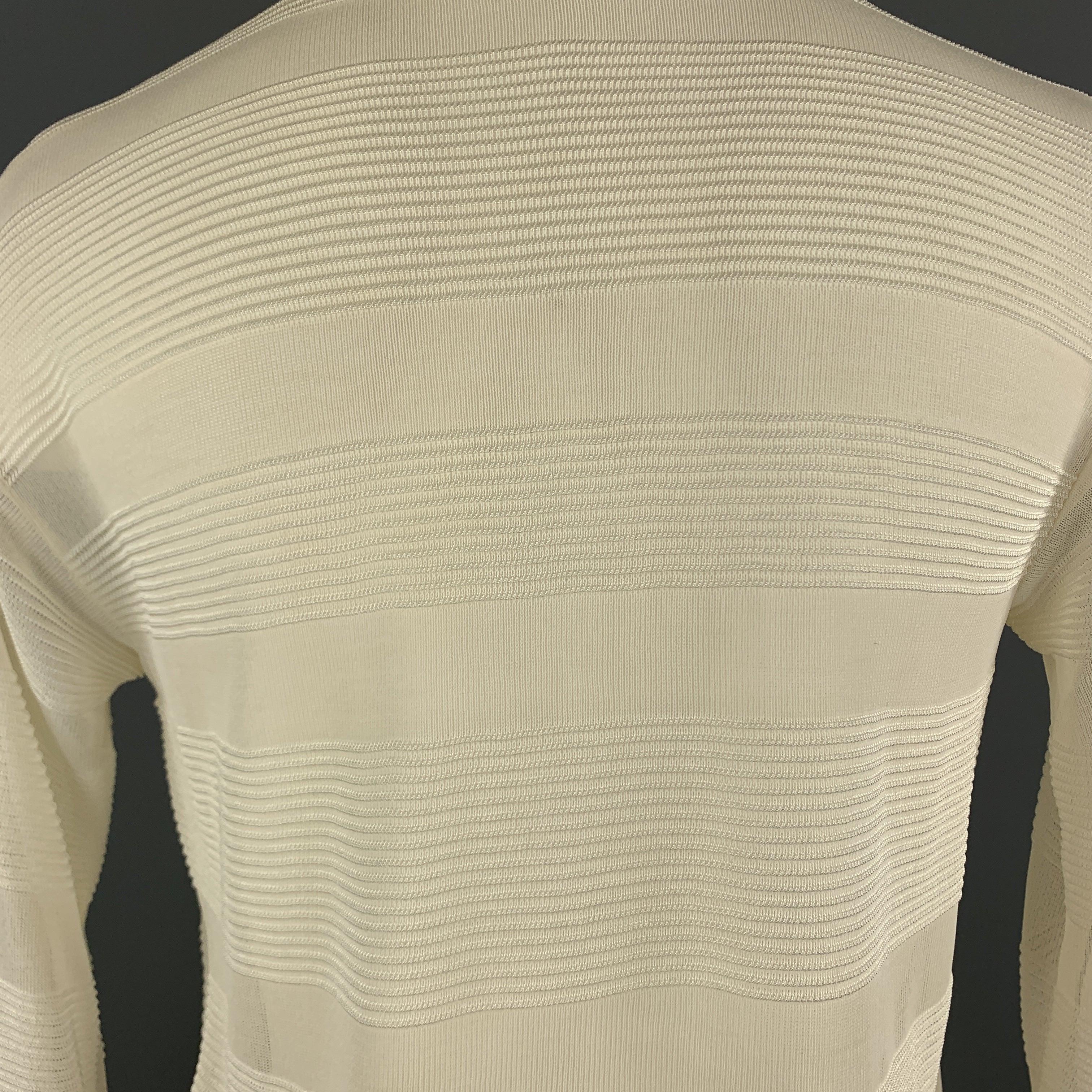 GIORGIO ARMANI Size 4 Cream Burnout Striped Viscose Collared Pullover For Sale 1
