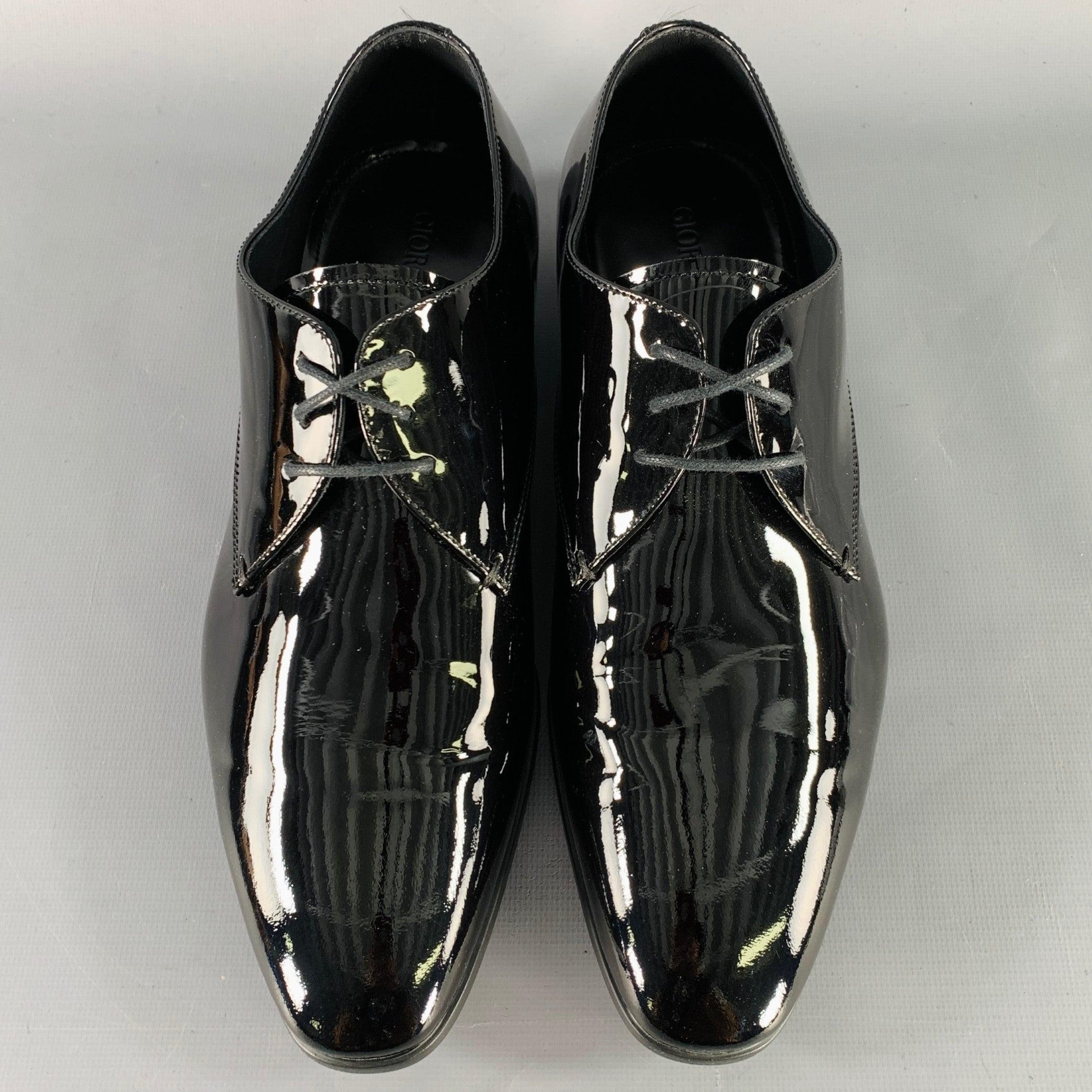 Men's GIORGIO ARMANI Size 6 Black Patent Leather Derby Lace-Up Shoes For Sale