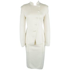 Used GIORGIO ARMANI Size 6 Cream Ribbed Band Collar Jacket Skirt Suit