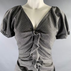 GIORGIO ARMANI Size 6 Grey White Wool Pinstripe Short Sleeve Mid-Calf Dress