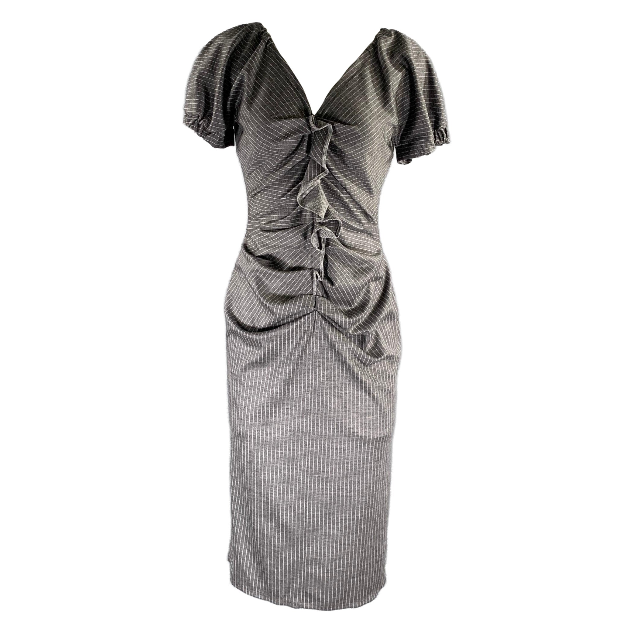 GIORGIO ARMANI Größe 6 Grau Weiß Wolle Nadelstreifen Kurzärmelig Mid-Calf Kleid