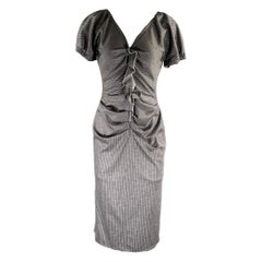 GIORGIO ARMANI Size 6 Grey White Wool Pinstripe Short Sleeve Mid-Calf Dress