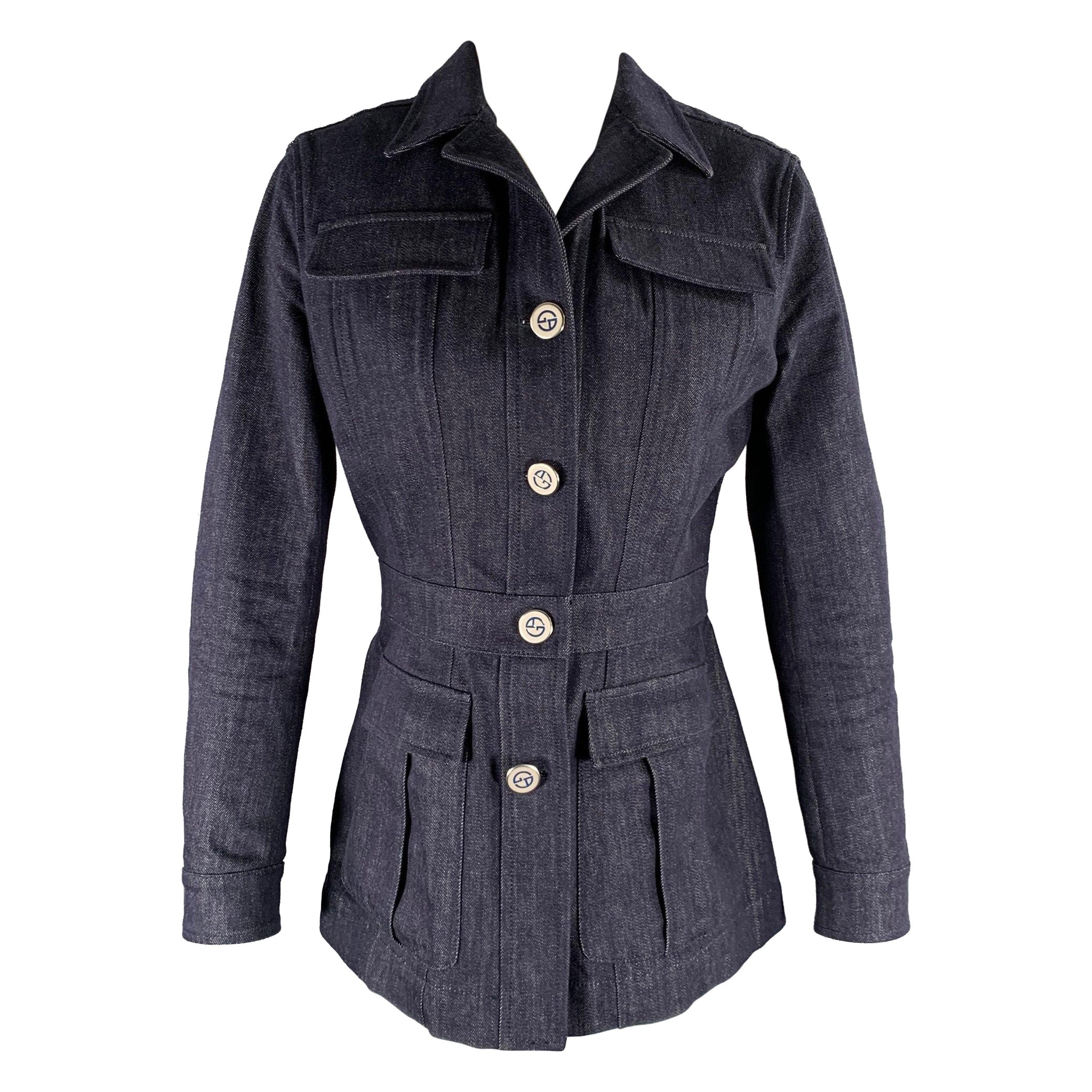 GIORGIO ARMANI Veste militaire en denim indigo, taille 6 en vente
