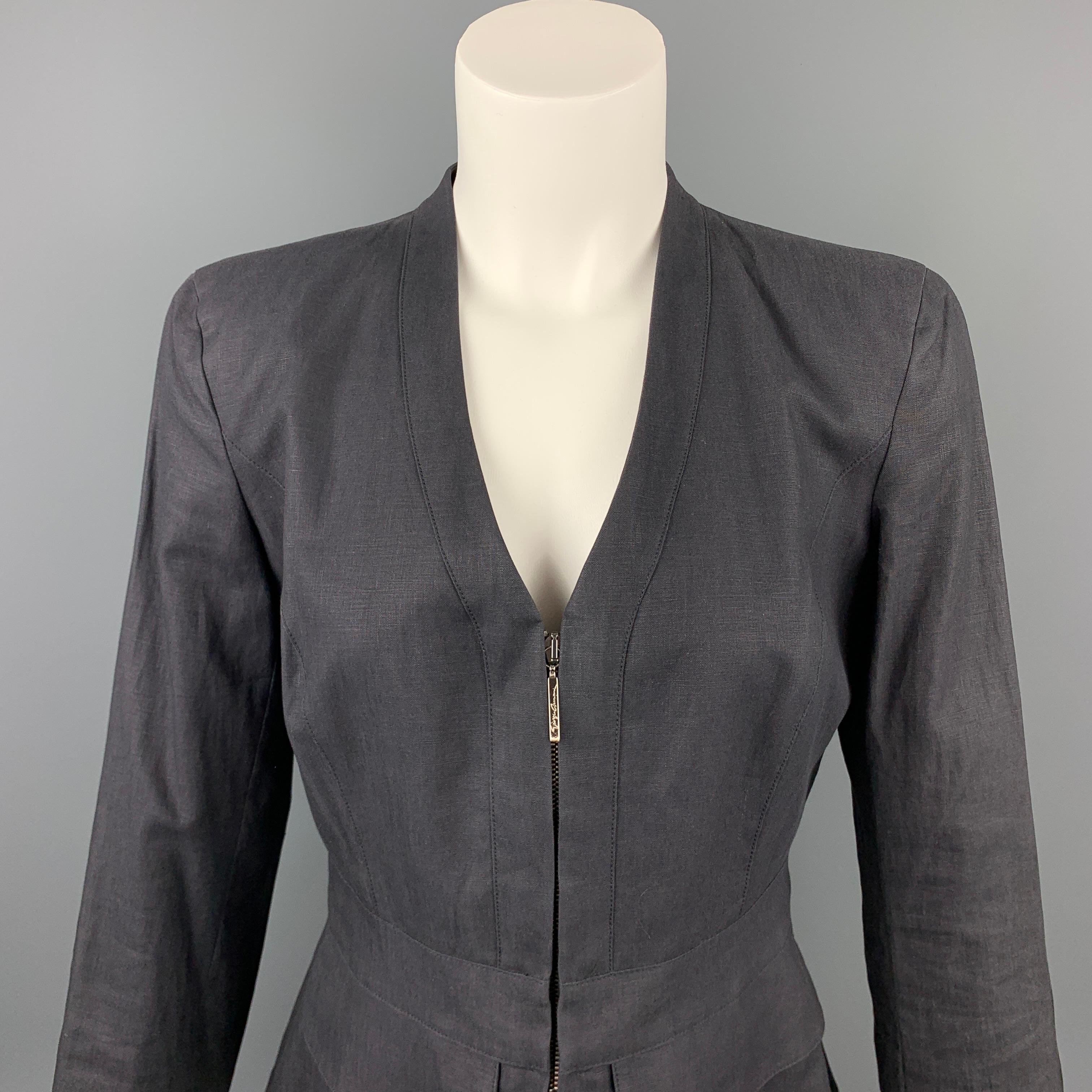 GIORGIO ARMANI jacket comes in a slate silk / linen with no collar featuring flap pockets, top stitching, and a zip up closure. Made in Italy.

Very Good Pre-Owned Condition.
Marked: IT 42

Measurements:

Shoulder: 16 in. 
Bust: 34 in. 
Sleeve: 23