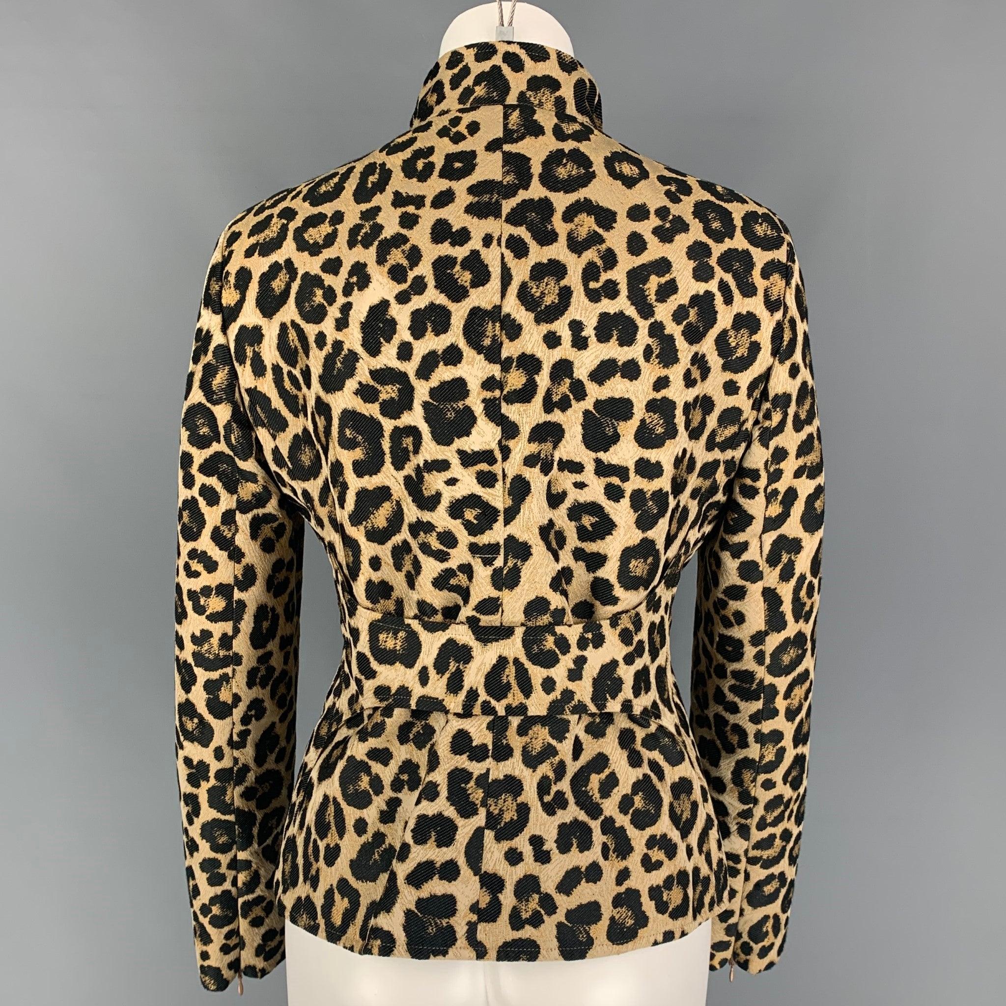 GIORGIO ARMANI Größe 6 Tan Schwarz Polyester Jacquard Jacke mit Tiermuster und Reißverschluss oben im Zustand „Hervorragend“ im Angebot in San Francisco, CA
