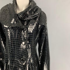 GIORGIO ARMANI Size 8 Black Leather Embossed Rabbit Fur Coat