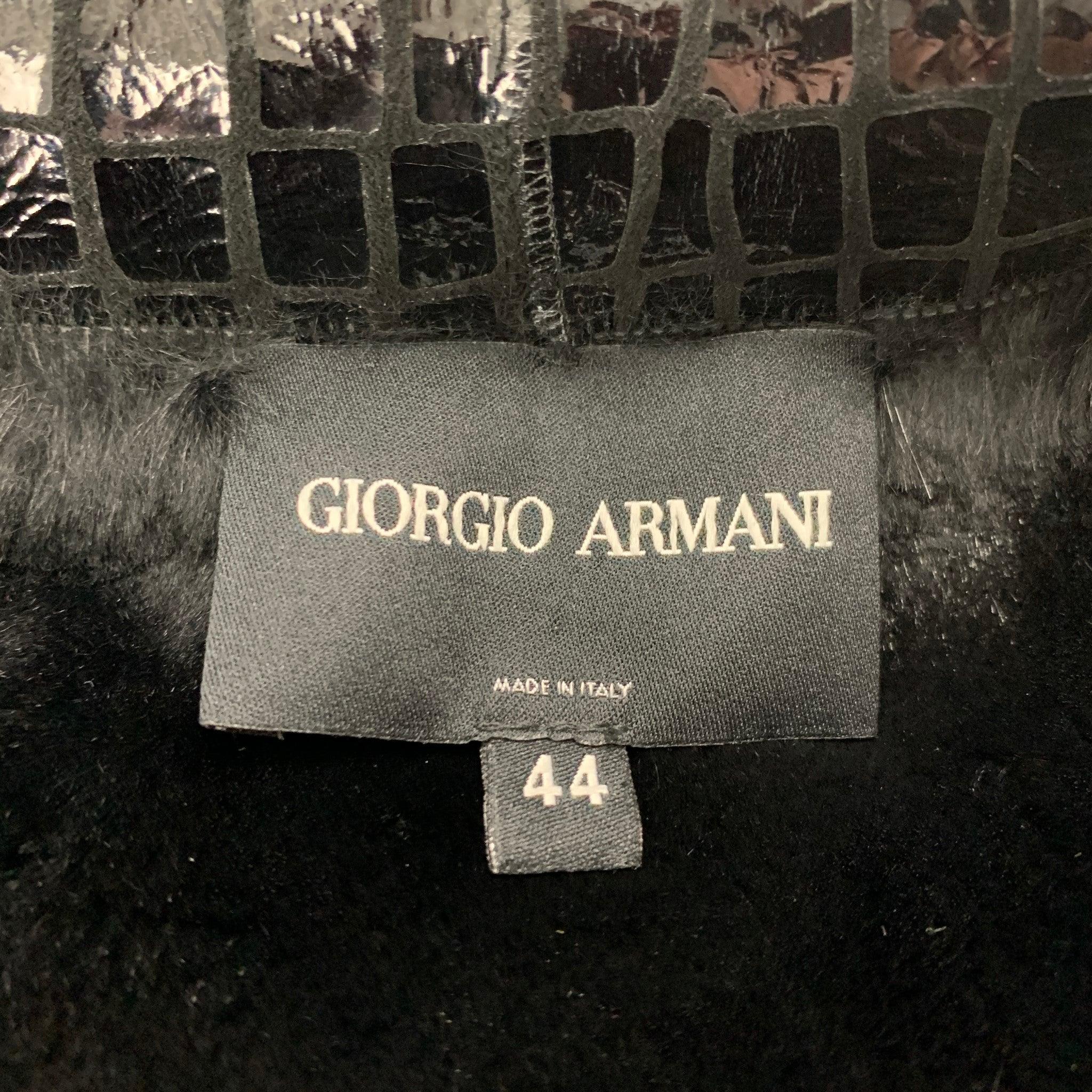GIORGIO ARMANI Size 8 Black Leather Embossed Rabbit Fur Coat For Sale 2