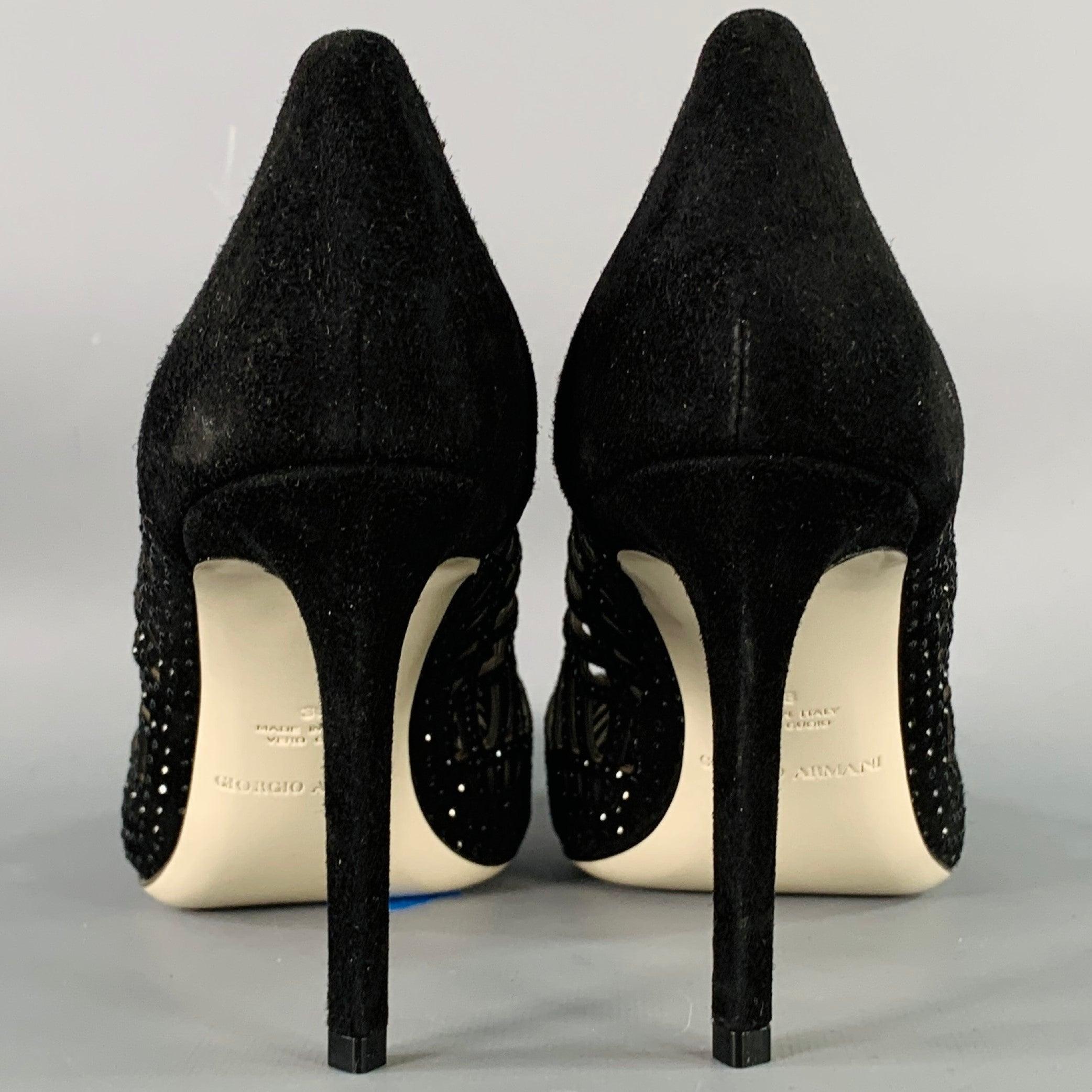 GIORGIO ARMANI Size 8 Black Suede Rhinestones Cutout Stiletto Pumps In Good Condition In San Francisco, CA