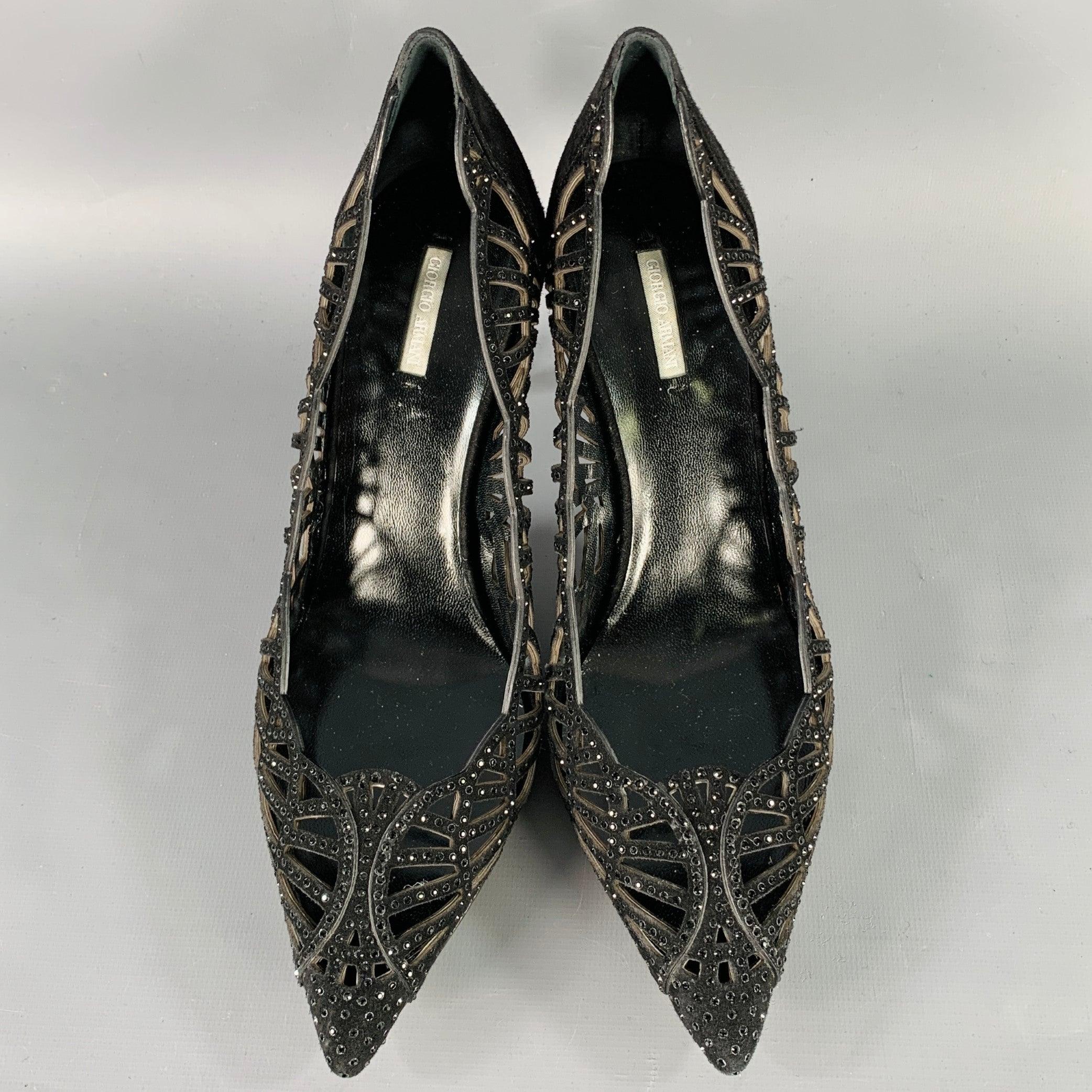 Women's GIORGIO ARMANI Size 8 Black Suede Rhinestones Cutout Stiletto Pumps