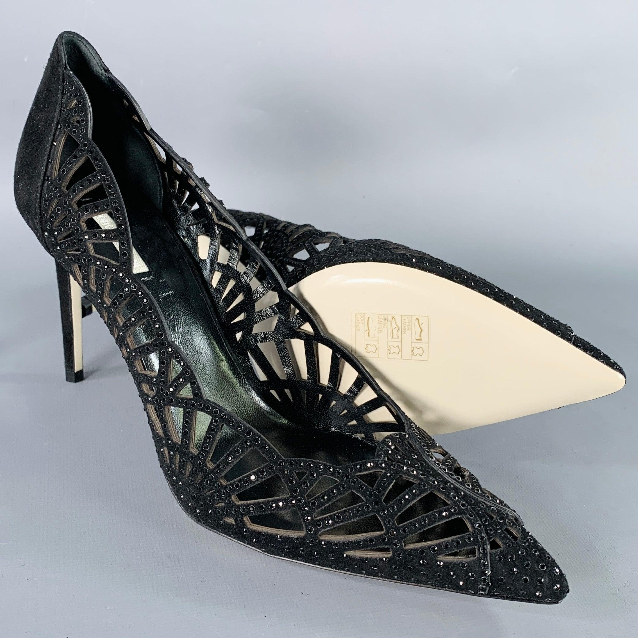 GIORGIO ARMANI Size 8 Black Suede Rhinestones Cutout Stiletto Pumps 1