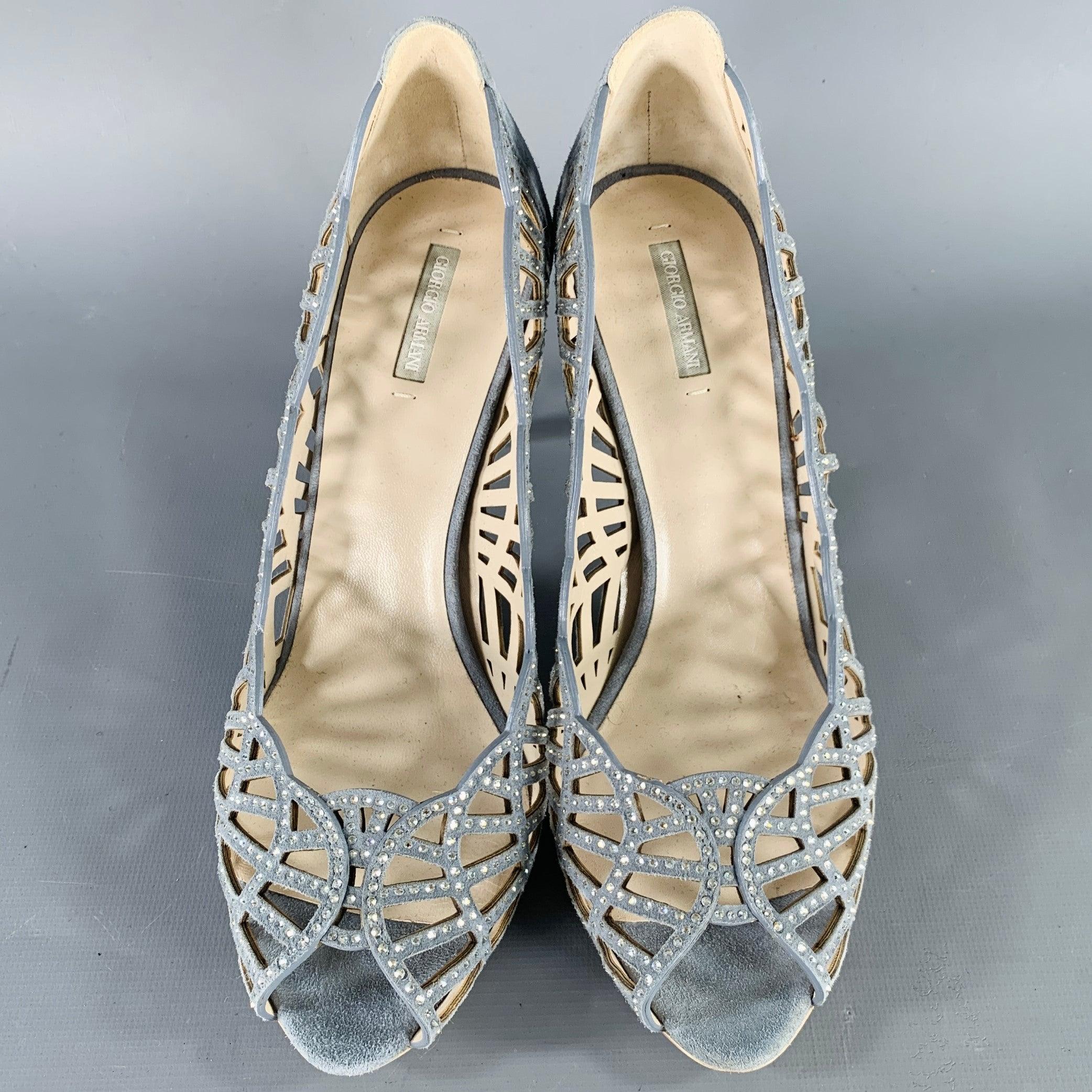 GIORGIO ARMANI Size 8 Grey Suede Cut Out Peep Toe Pumps In Good Condition In San Francisco, CA