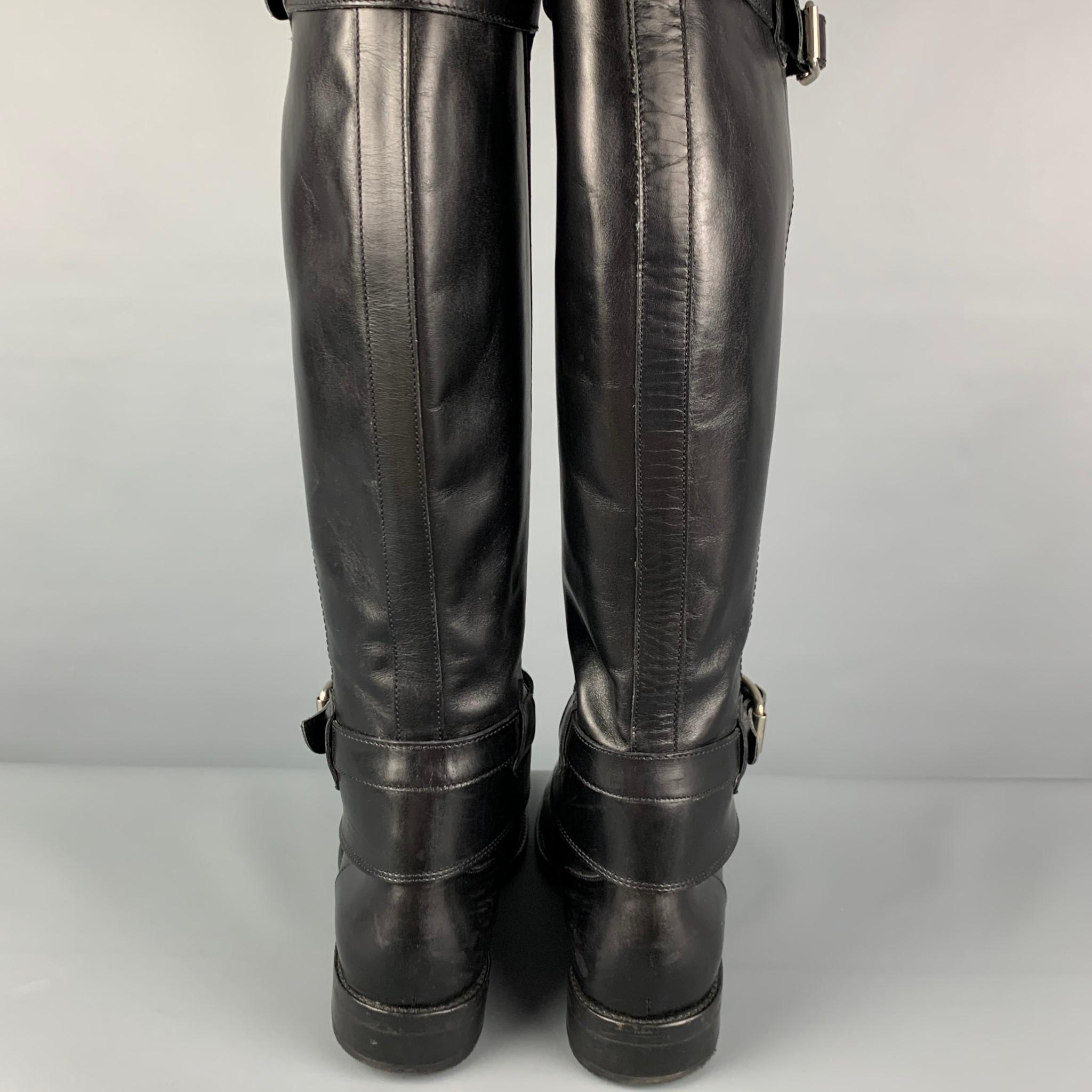GIORGIO ARMANI Size 9 Black Leather Belted Riding Boots In Good Condition In San Francisco, CA