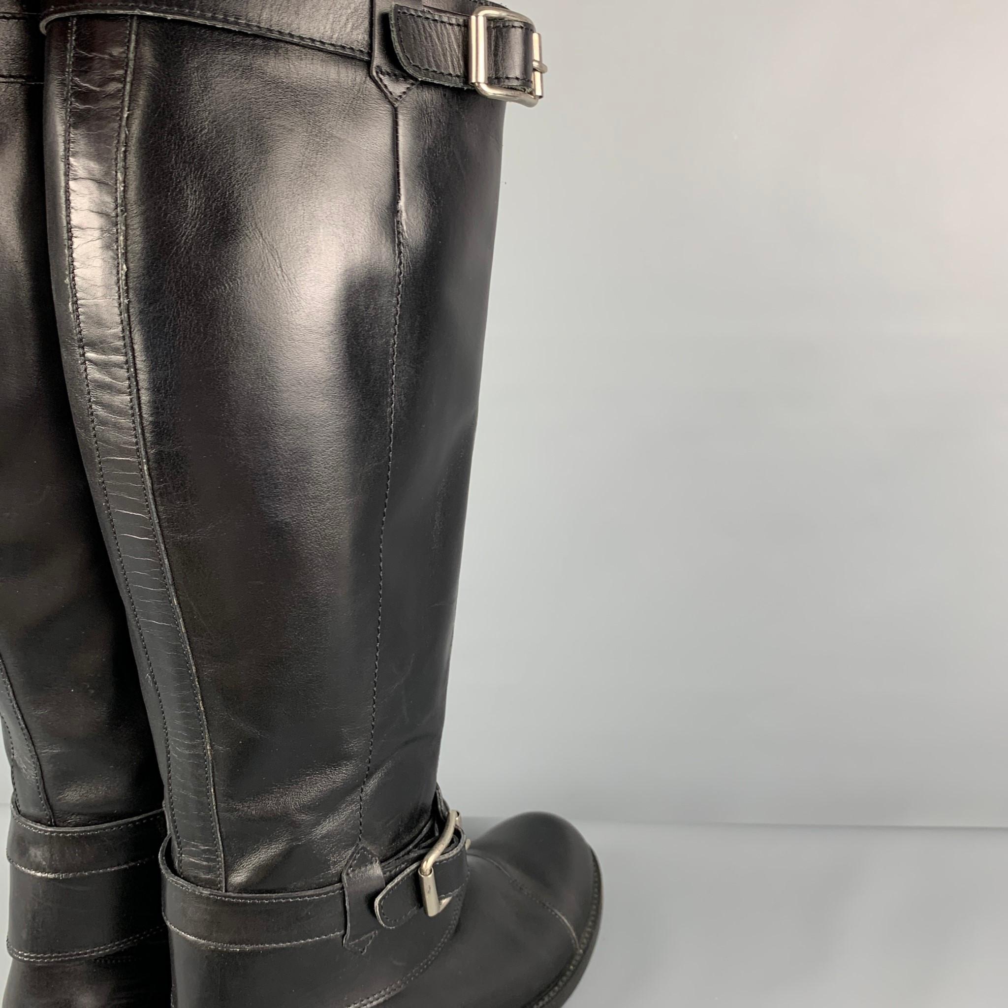 Women's GIORGIO ARMANI Size 9 Black Leather Belted Riding Boots