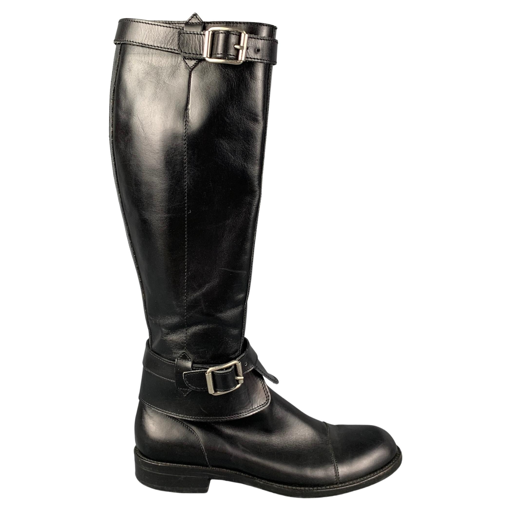 GIORGIO ARMANI Size 9 Black Leather Belted Riding Boots For Sale at 1stDibs
