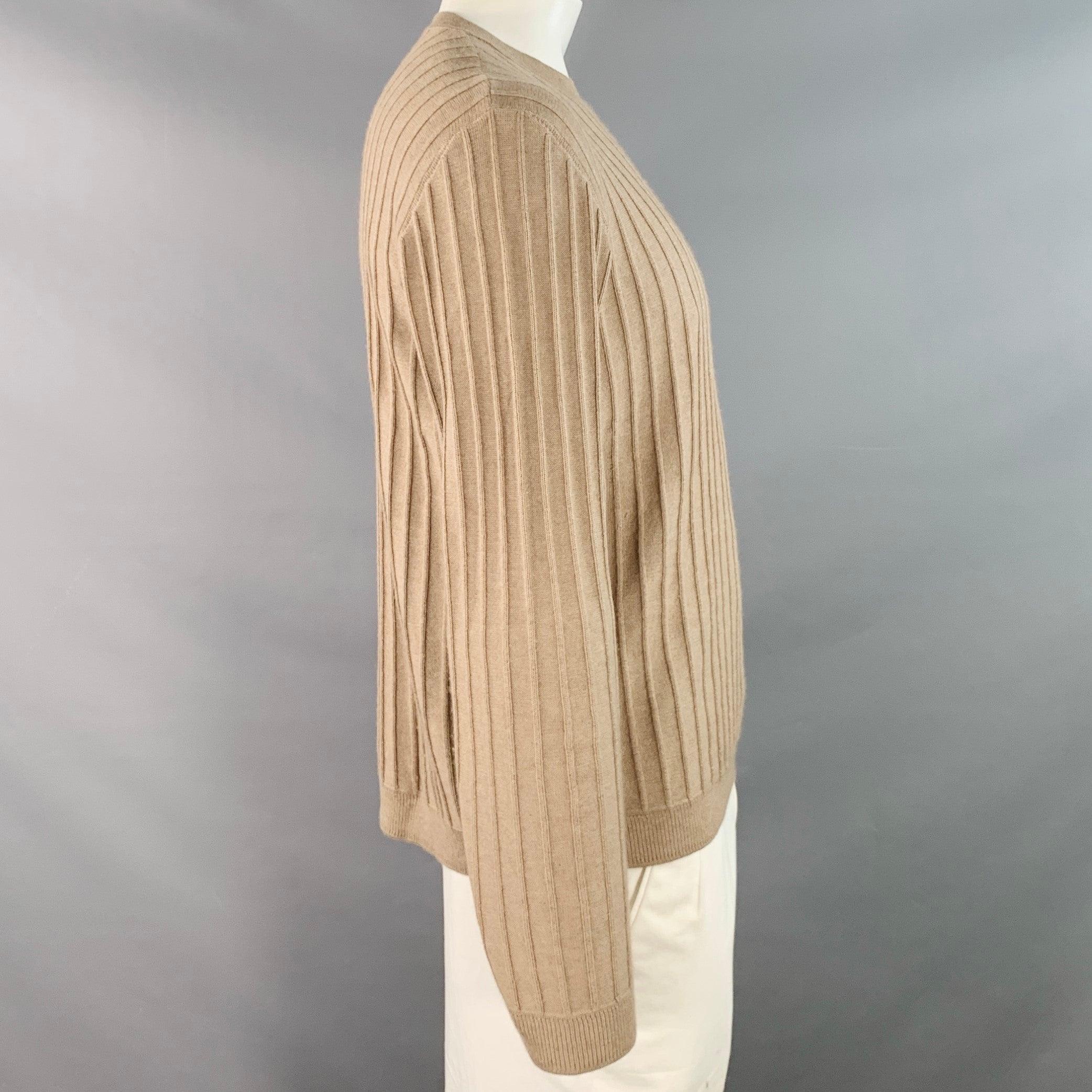 GIORGIO ARMANI Pullover mit Rundhalsausschnitt aus Kaschmir und Seide, Größe L, Beige, mit strukturierten Streifen im Zustand „Gut“ im Angebot in San Francisco, CA