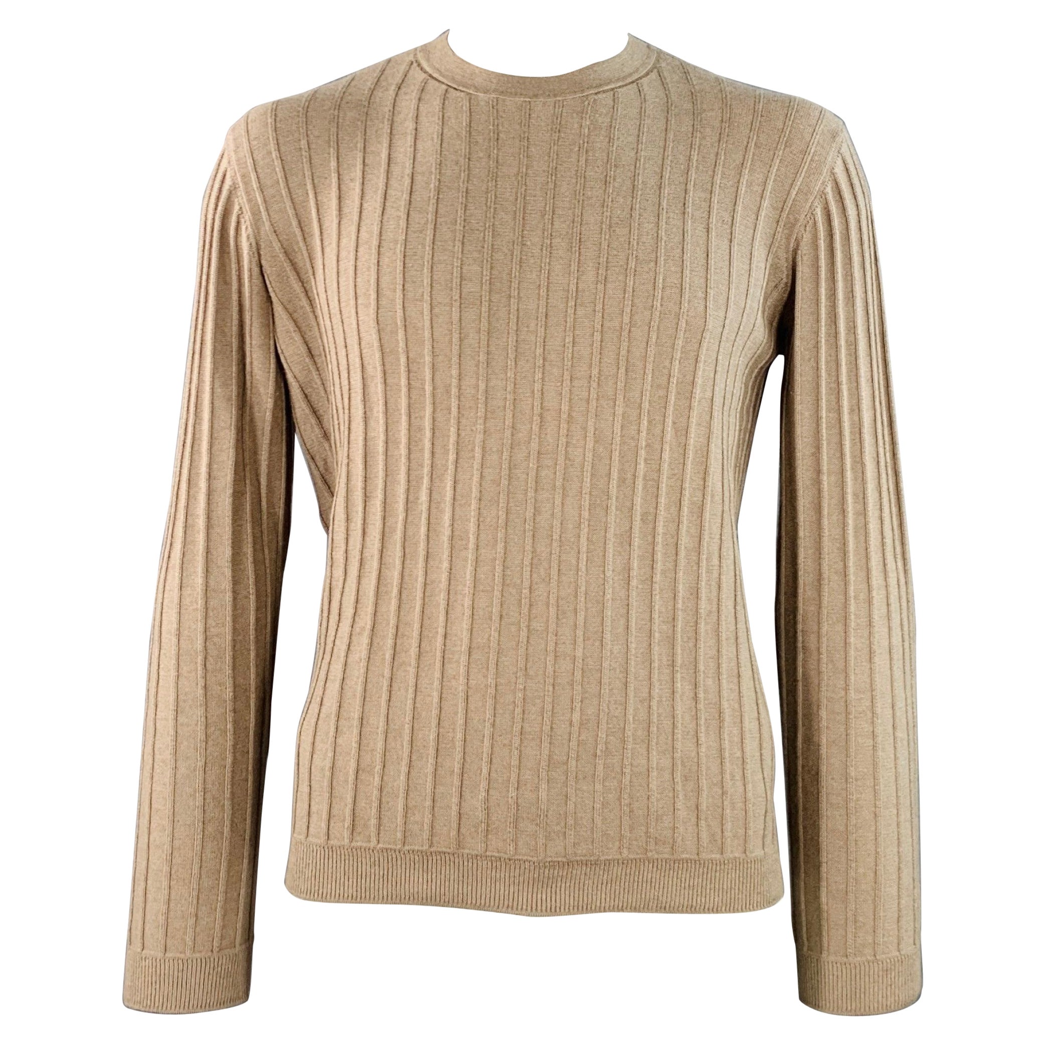 GIORGIO ARMANI Taglia L Maglione girocollo in cashmere e seta a righe testurizzate beige