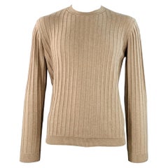 GIORGIO ARMANI Taglia L Maglione girocollo in cashmere e seta a righe testurizzate beige