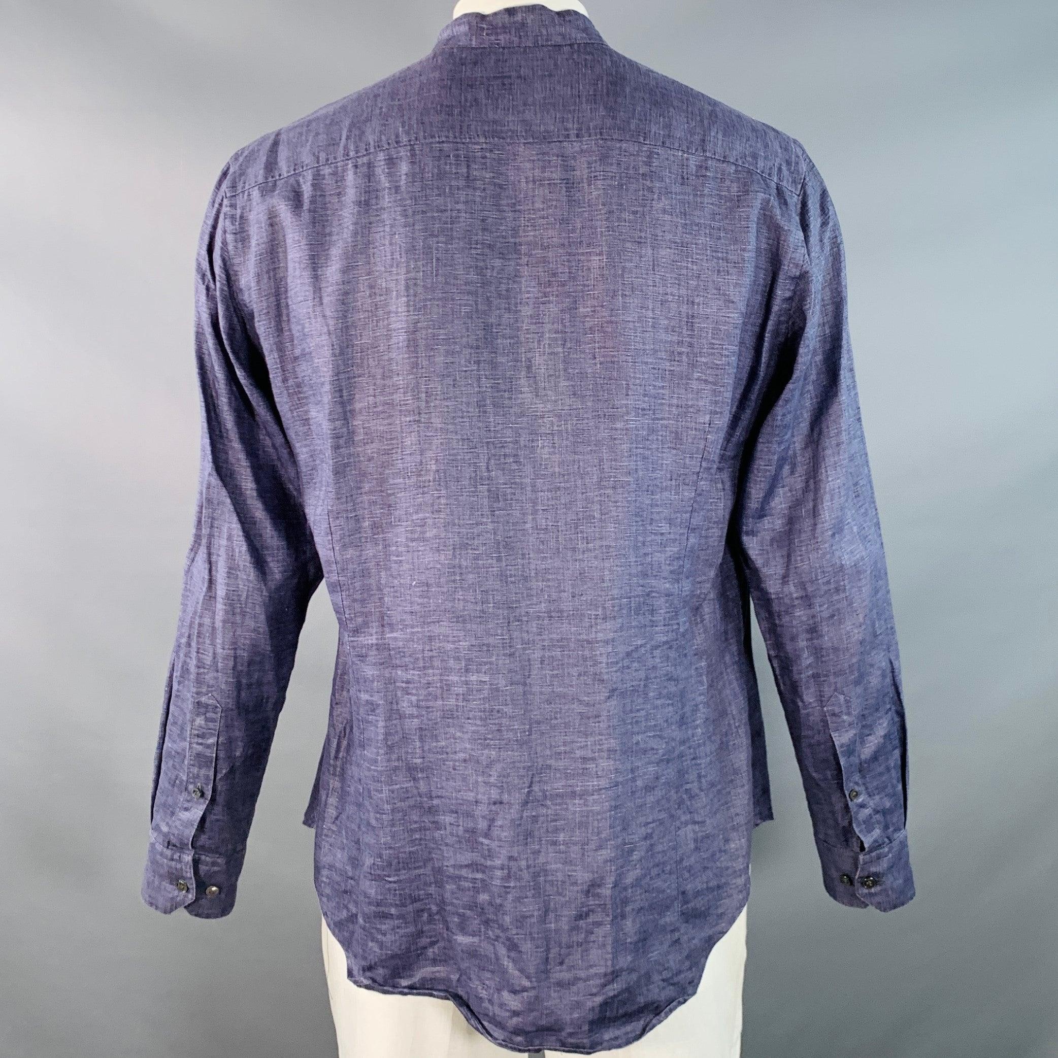 Gris GIORGIO ARMANI Size L Blue Woven Linen Collarless Double Zipper Long Sleeve Shirt (Chemise à manches longues sans col) en vente