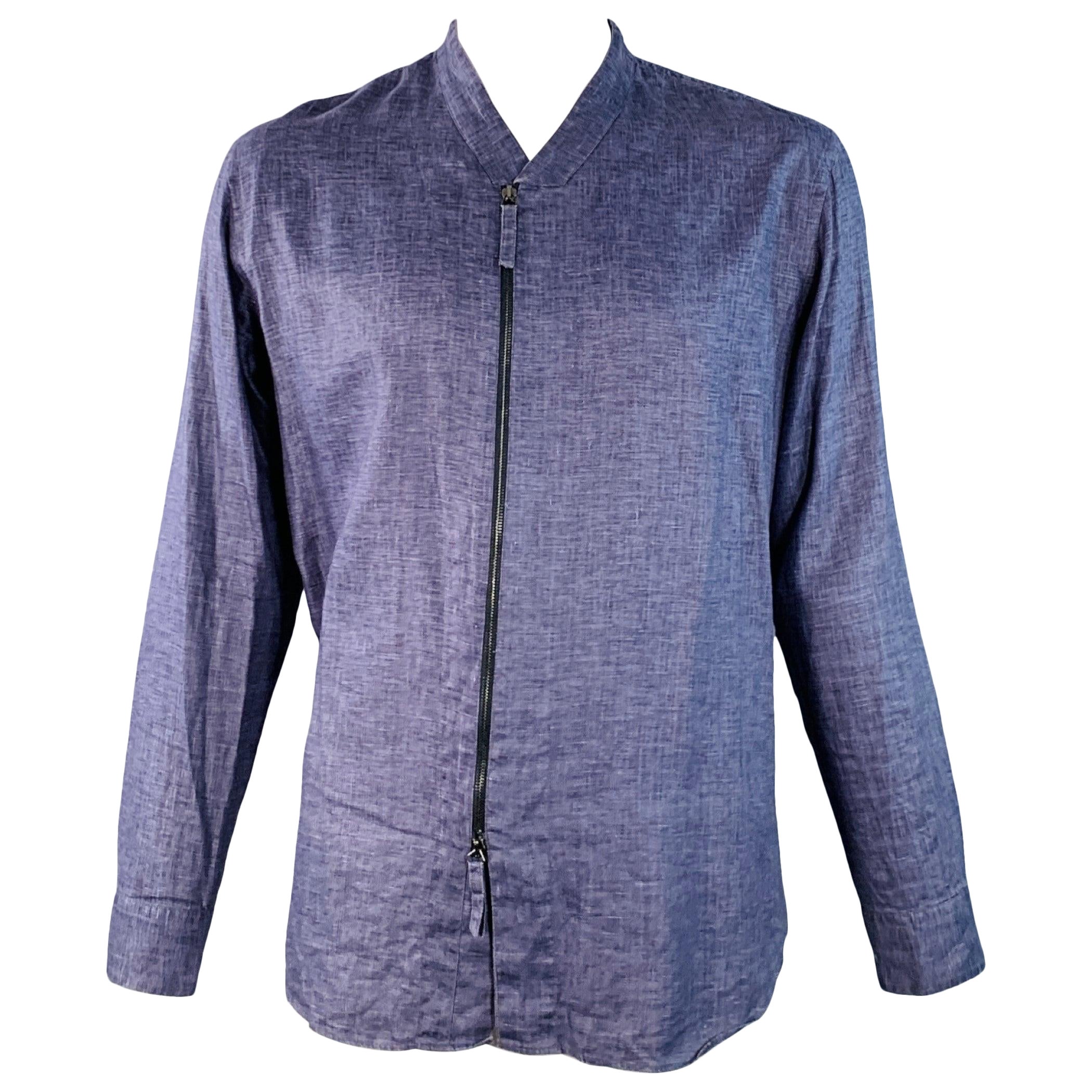 GIORGIO ARMANI Size L Blue Woven Linen Collarless Double Zipper Long Sleeve Shirt (Chemise à manches longues sans col)
